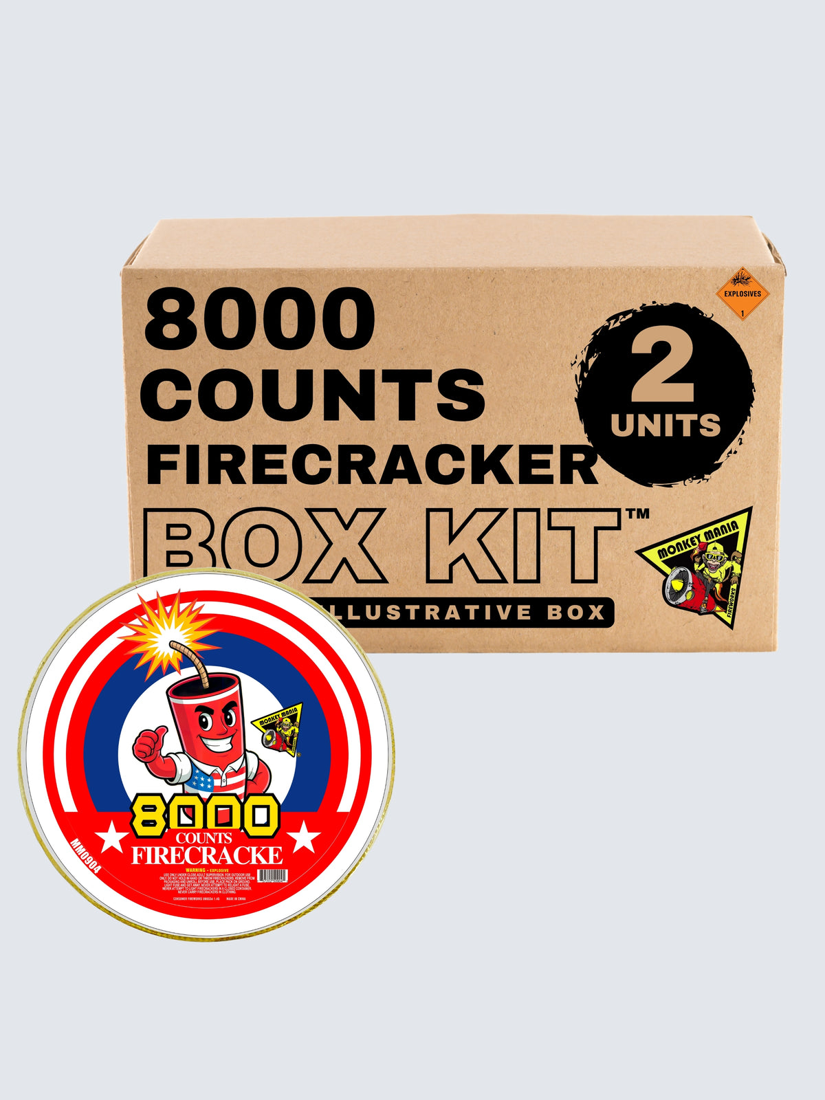 Box kit of 8000 count firecrackers, the package is red, white and blue, with a simple circle design.