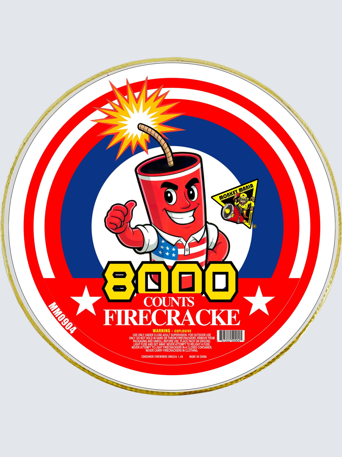 Unit of Monkey Mania 8000 Count Firecracker. Bright patriotic packaging, with stars and stripes.