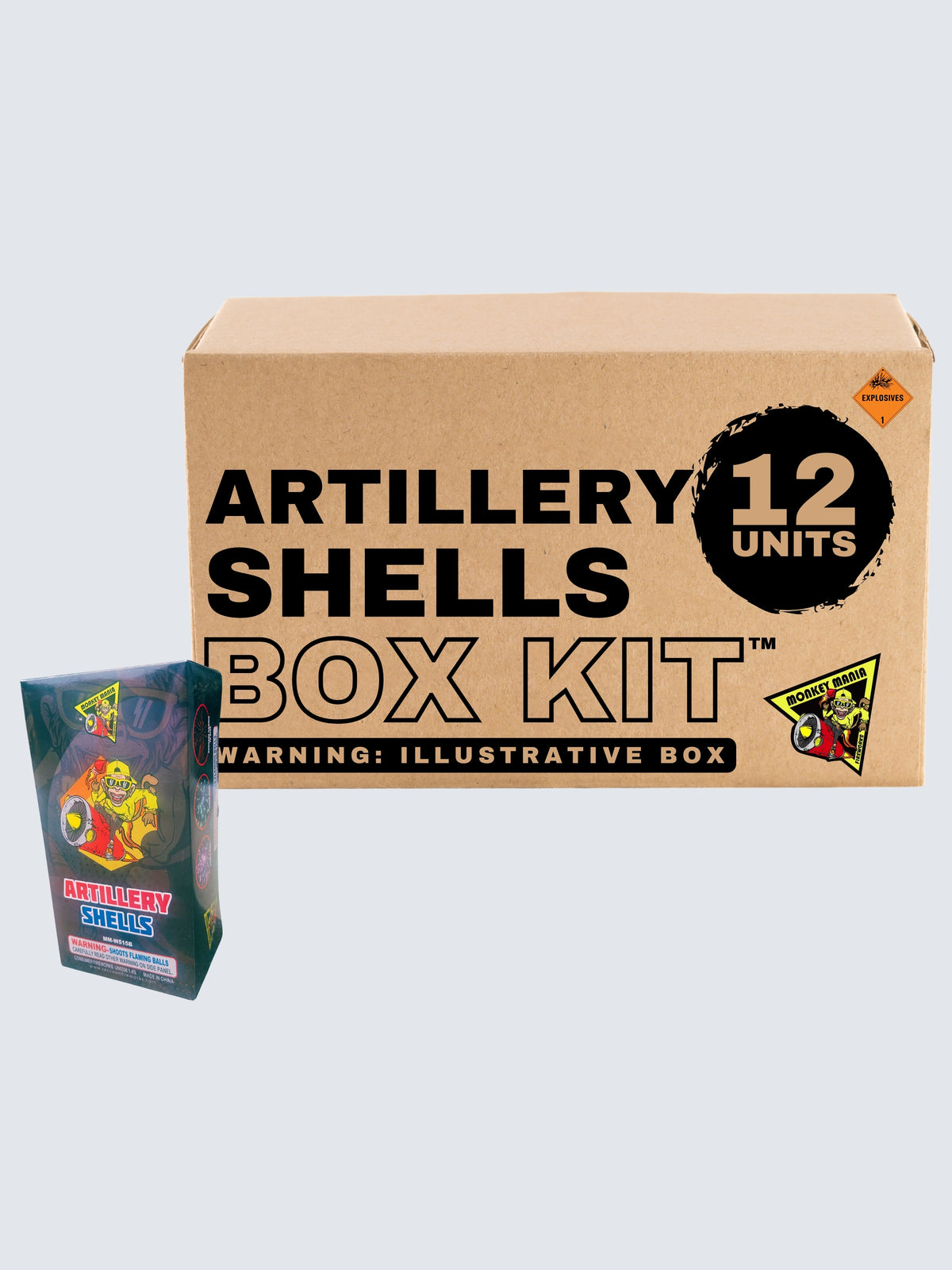 Monkey Mania Artillery Shells 12-unit fireworks box kit by Raccoon Fireworks featuring colorful comic-style monkey artwork.