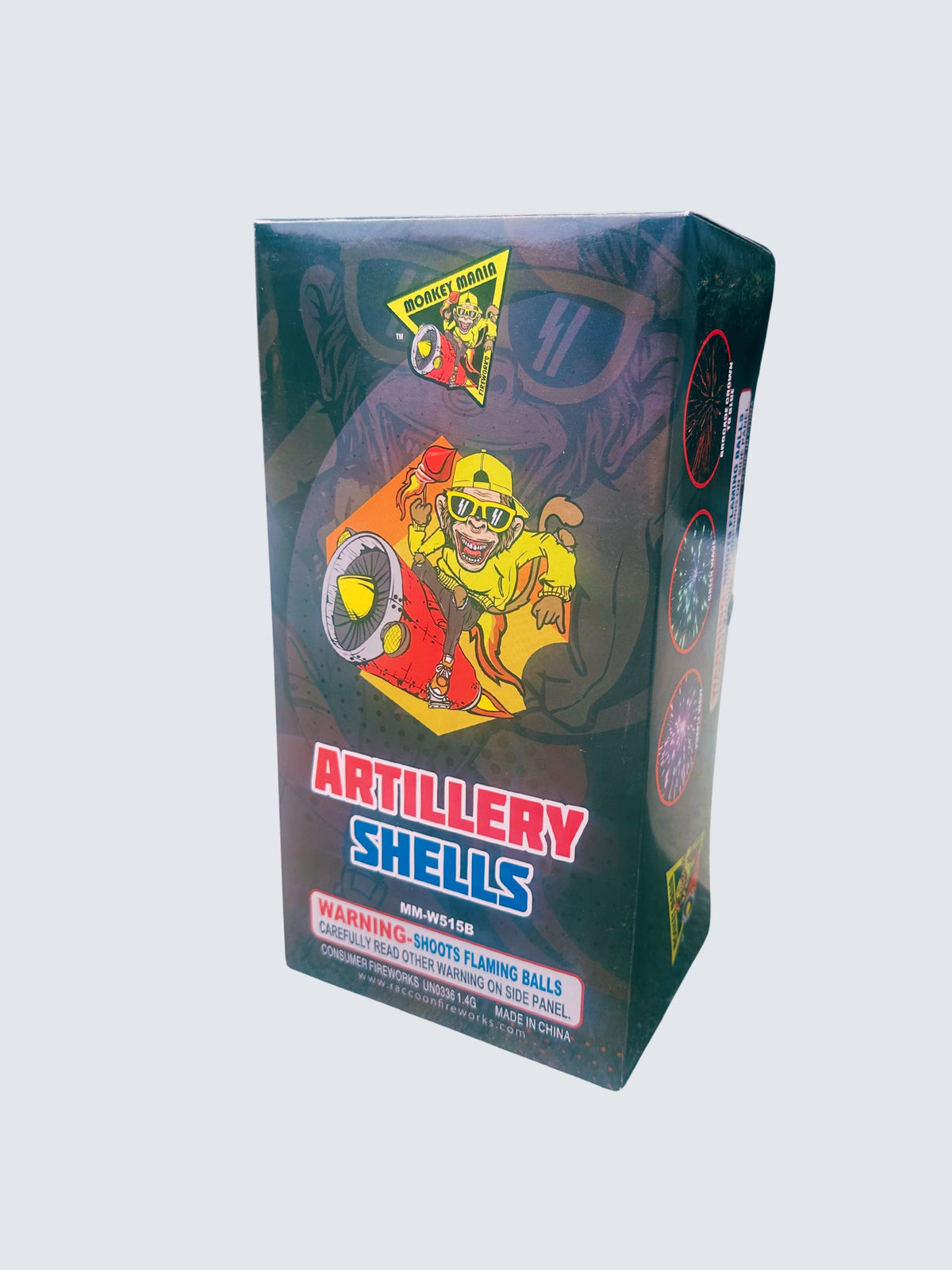 Monkey Mania Artillery Shells by Raccoon Fireworks featuring a wild monkey riding a rocket with colorful comic-style box art.