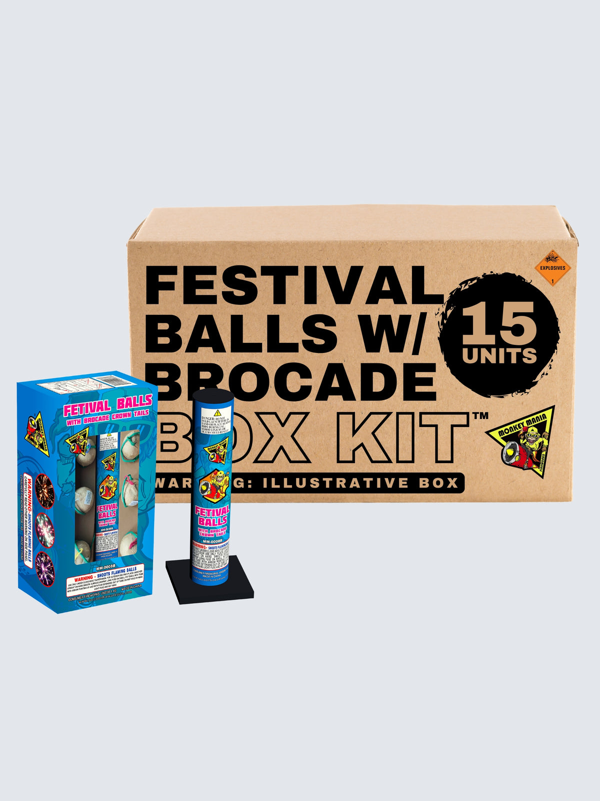 A box kit of Festival Ball artillery shell fireworks, with brocade. Includes 15 units.