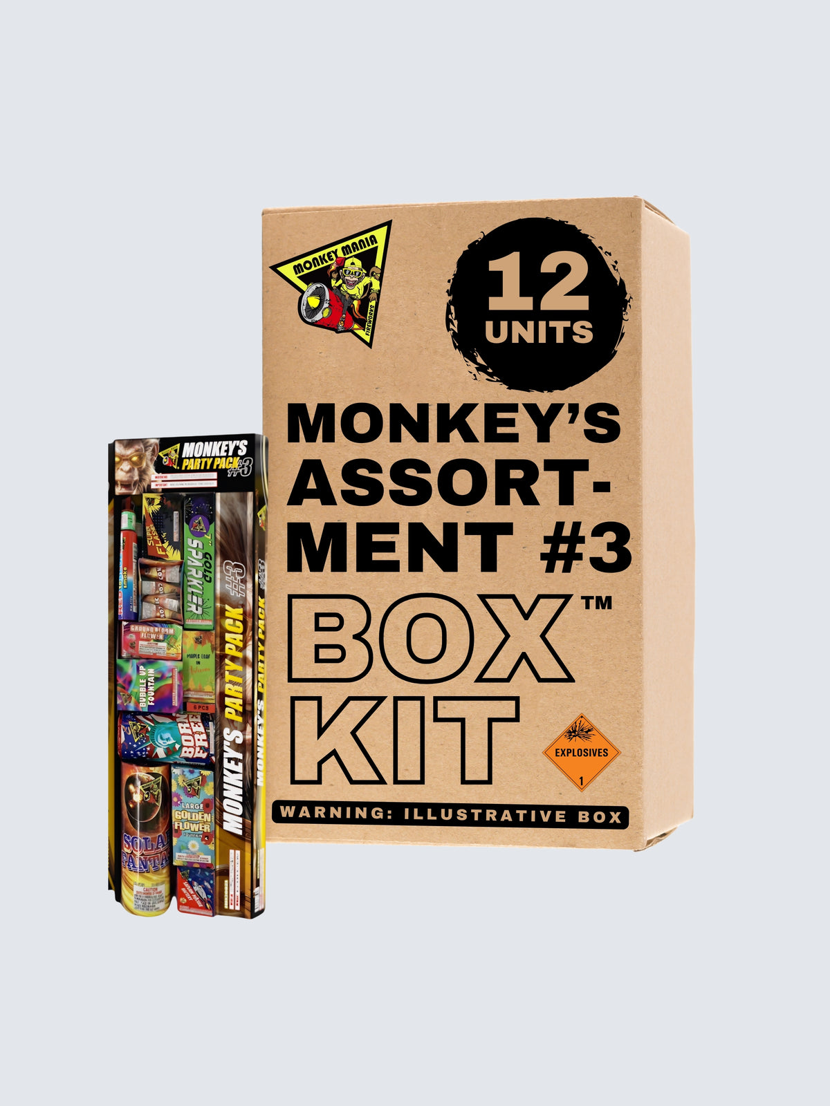 Box kit of Monkey's Assortment #3 fireworks assortment. Includes 12 units.