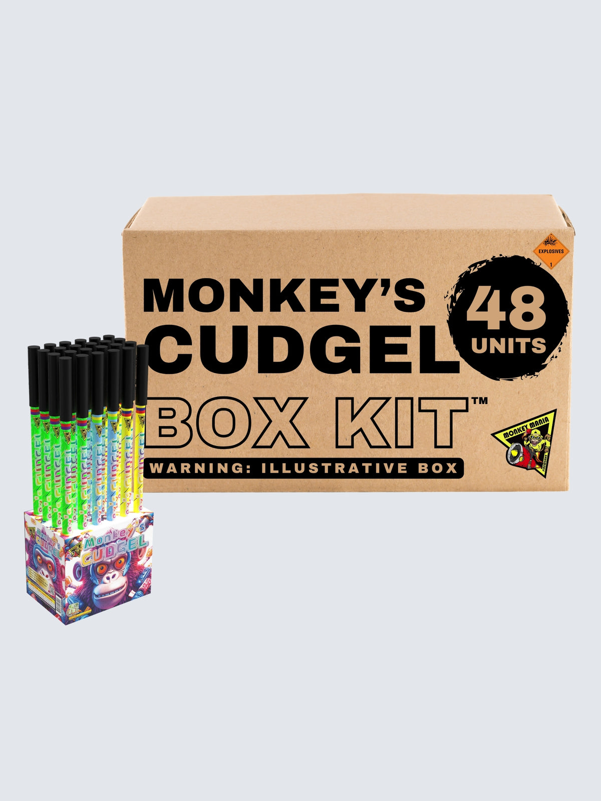 Monkey’s Cudgel box kit by Monkey Mania with 48 units, colorful tubes with black caps, and cartoon monkey packaging.