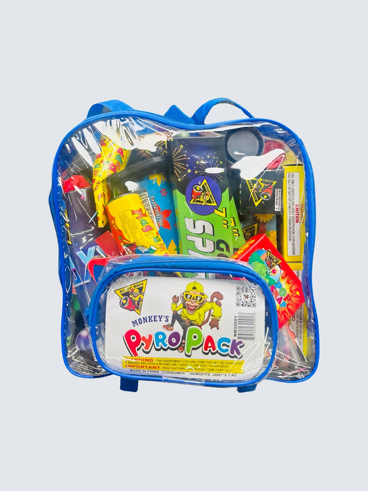 Monkey’s Pyro Pack fireworks assortment by Monkey Mania, featuring a clear blue-trimmed backpack filled with assorted novelty fireworks.