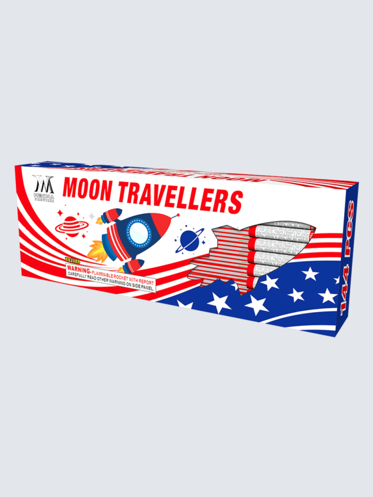 Moon Travellers rocket fireworks by Mecha Fireworks featuring 144 pieces with patriotic red, white and blue space-themed box art.