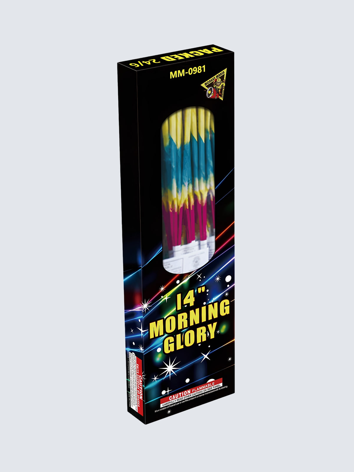 14" Morning Glory sparklers by Monkey Mania, packaged in a black box with colorful spark graphics and a clear display window.