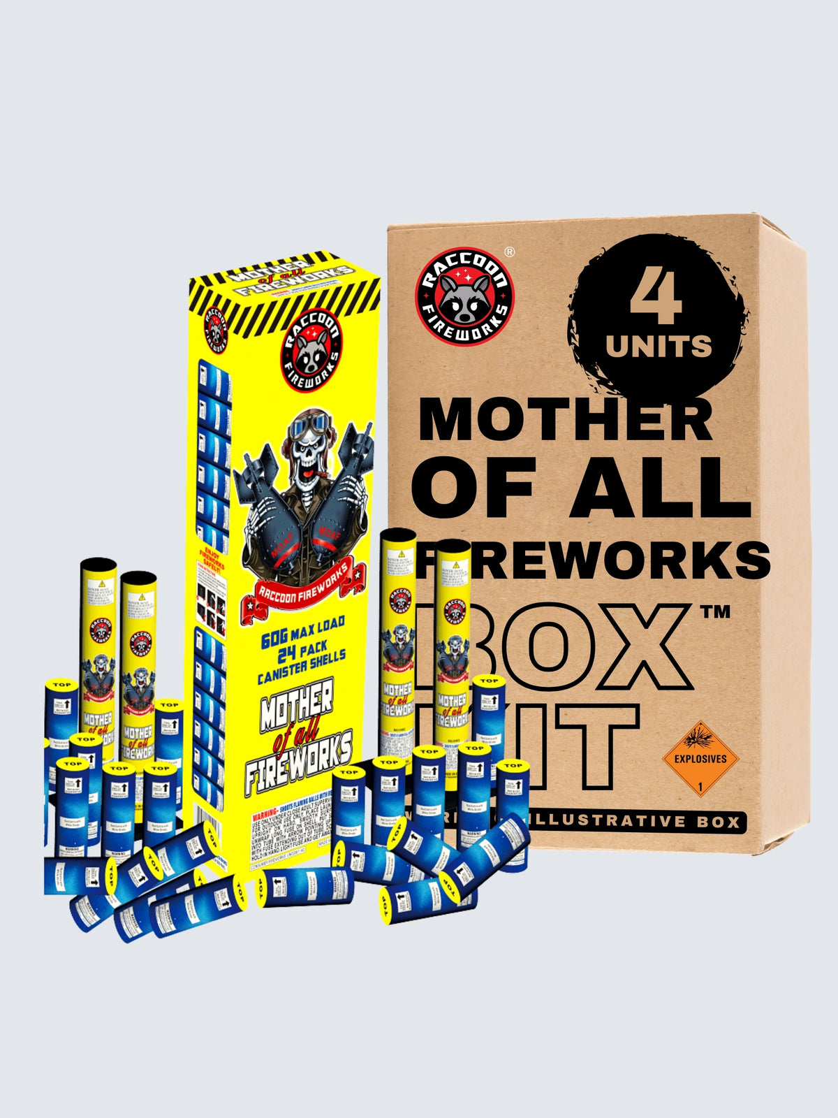 Mother of All Fireworks Box Kit by Raccoon Fireworks includes 4 units of 24-pack canister shells with skeleton-themed artwork.