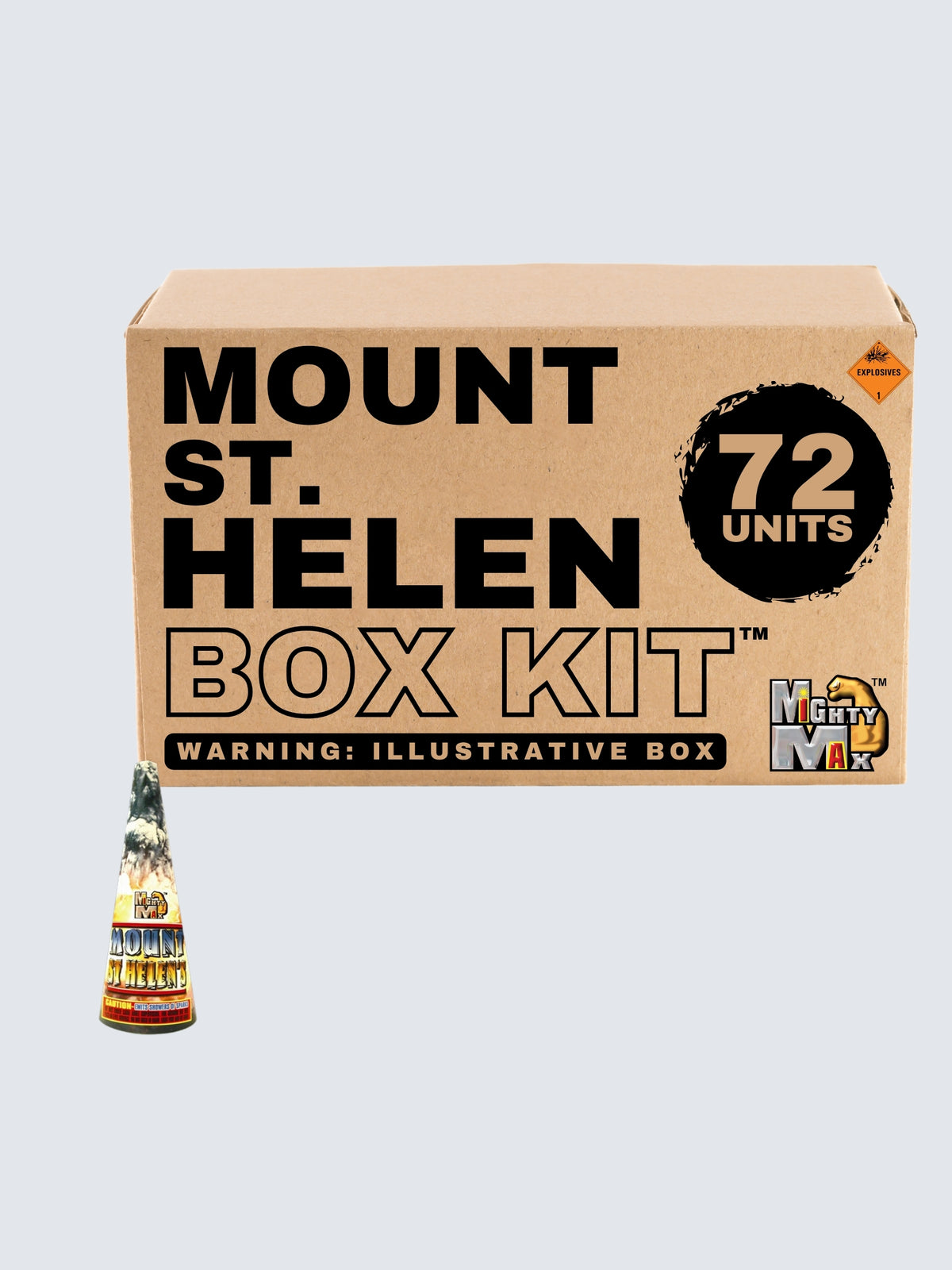 Mount St. Helens cone fountain fireworks box kit by Mighty Max includes 72 units with volcanic mountain and fiery eruption artwork.