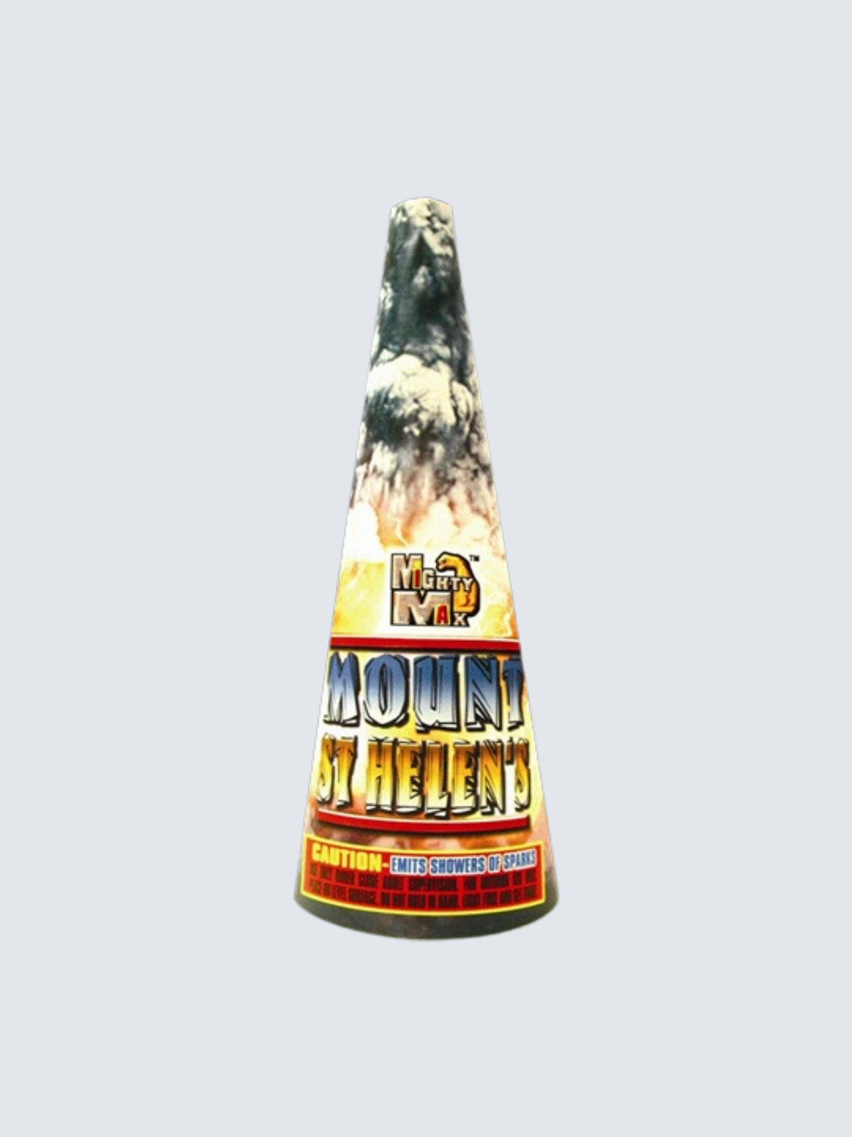 Mount St. Helens cone fountain firework by Mighty Max features a volcanic mountain design with smoke, flames, and bold lettering.