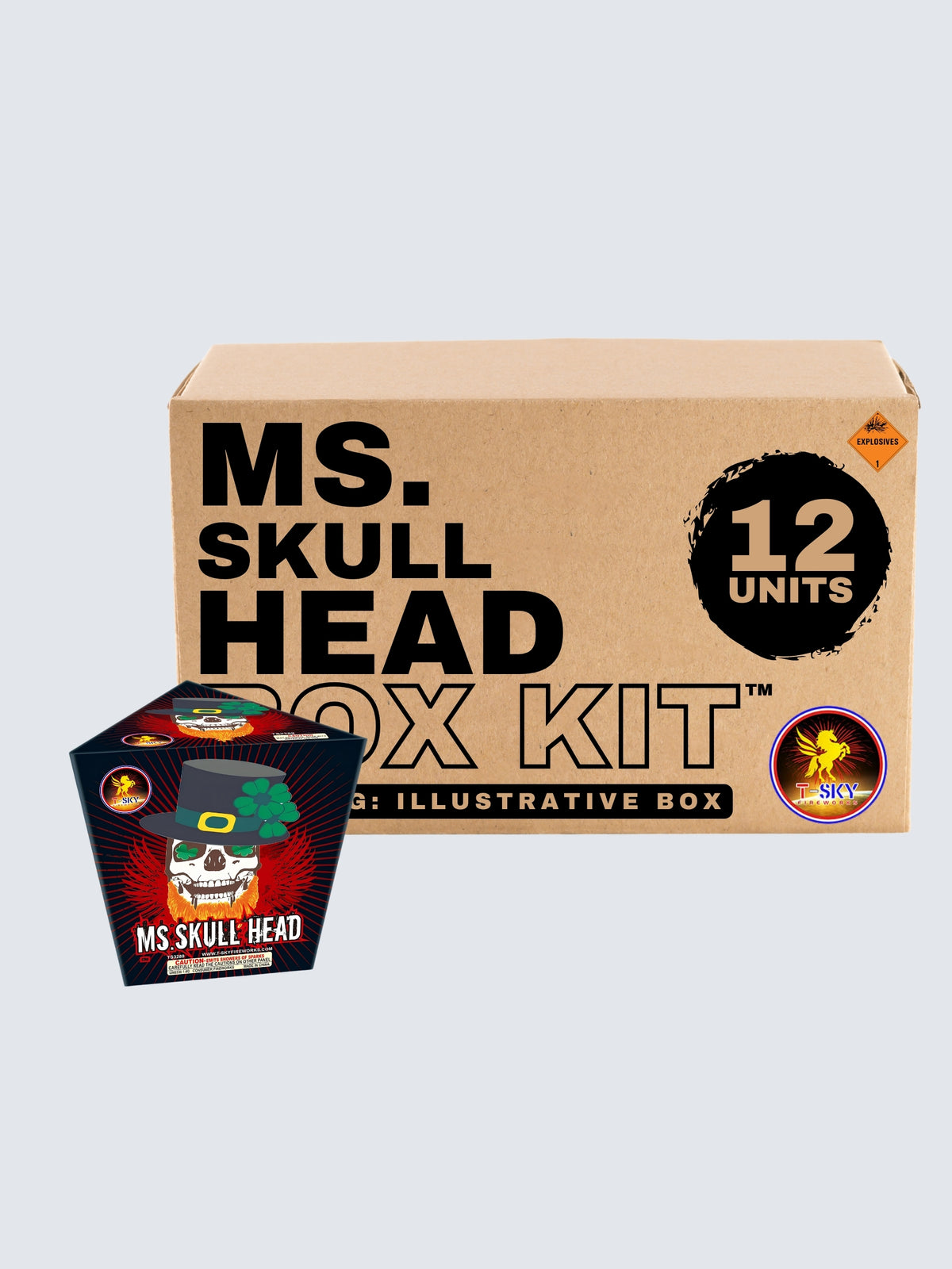 Ms. Skull Head shower fountain fireworks box kit by T-Sky Fireworks, featuring 12 units with shamrock skull artwork.