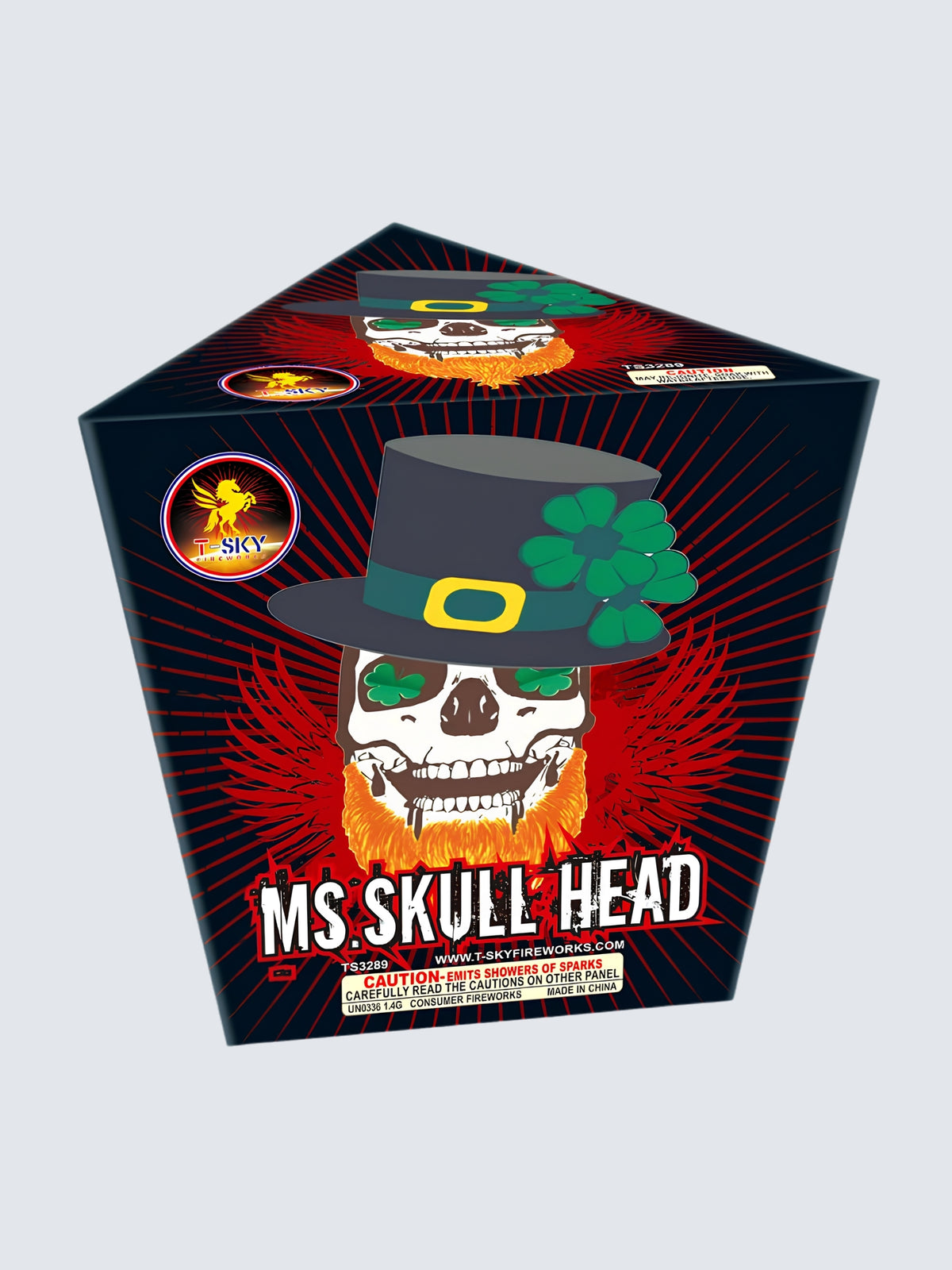 Ms Skull Head shower fountain firework by T-Sky Fireworks, featuring a grinning skull with orange beard, shamrocks, and red artwork.