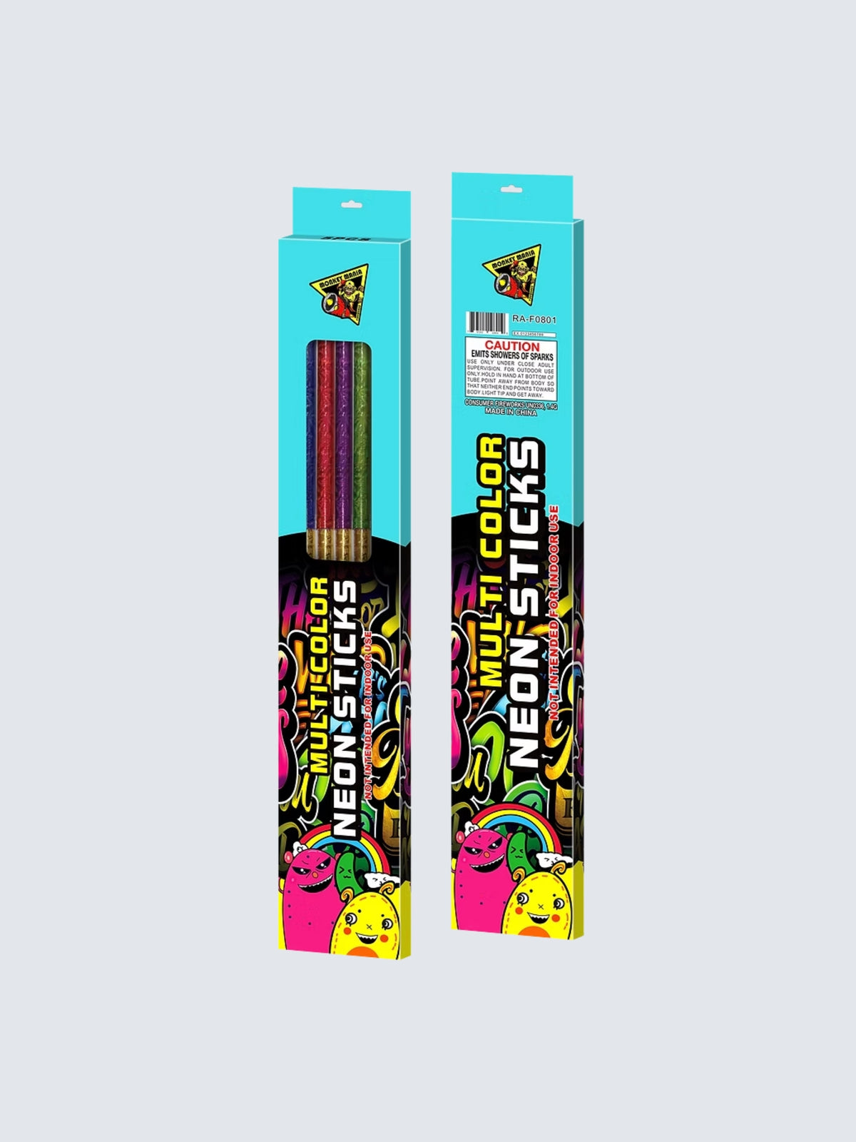 Multicolor Neon Sticks fireworks with vibrant colored sticks in turquoise packaging featuring playful cartoon characters.