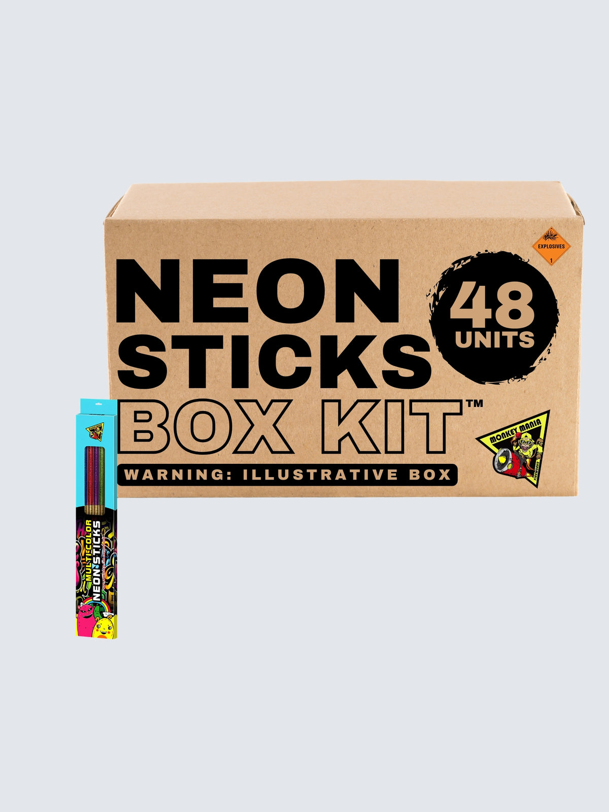 Neon Sticks 48-unit fireworks box kit by Monkey Mania, featuring multicolor neon sparklers and vibrant cartoon packaging.