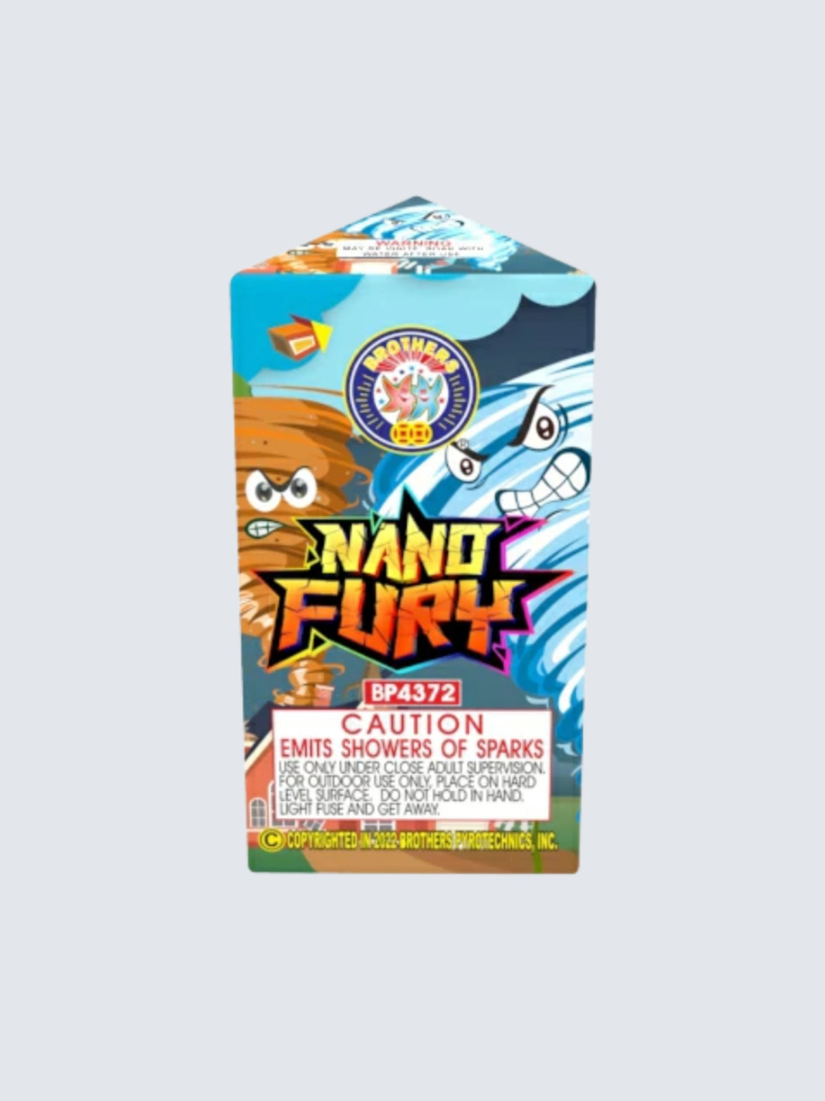 Nano Fury fountain by Brothers Fireworks with angry cartoon tornadoes and bold orange lettering on blue packaging.