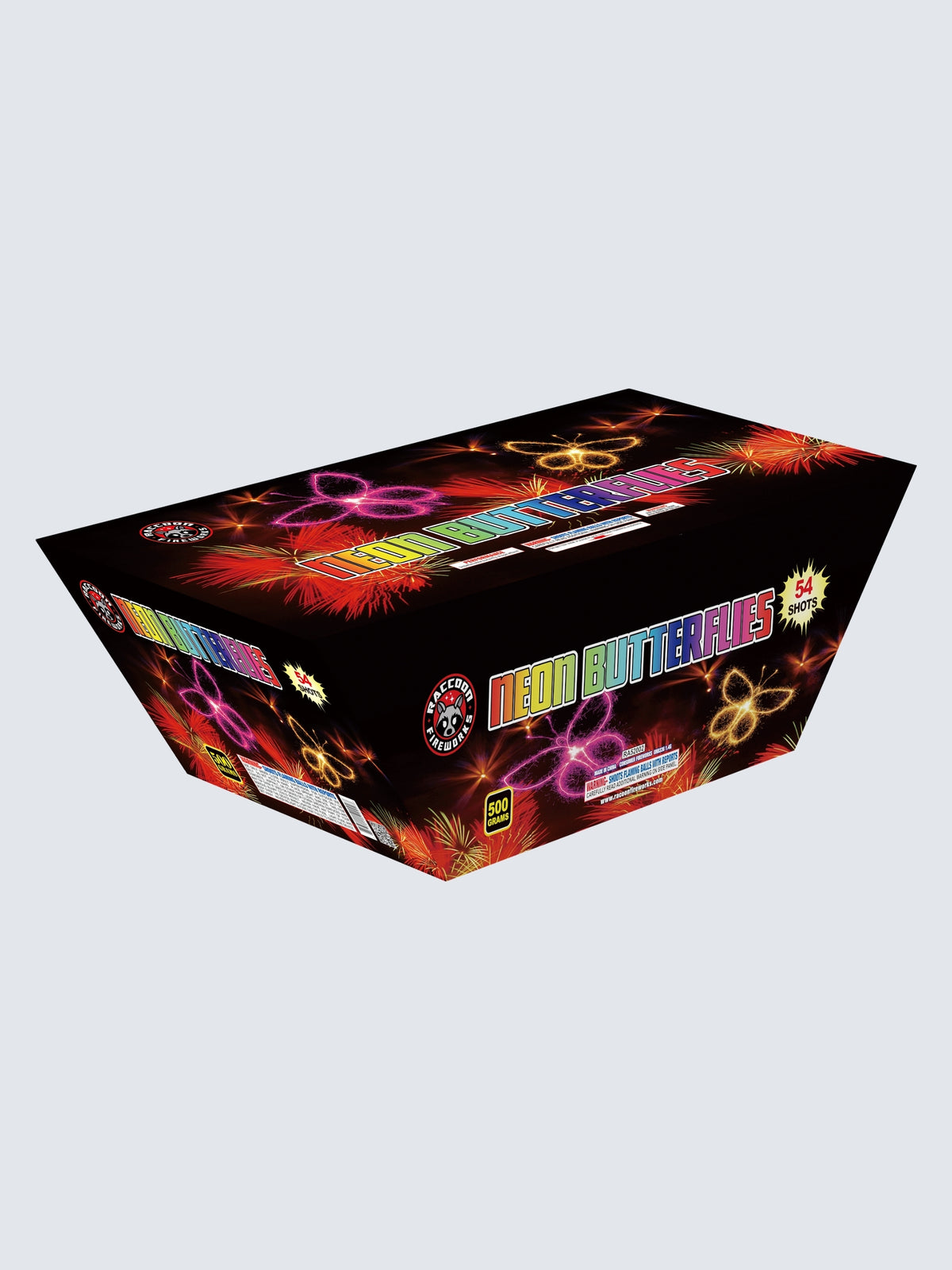 Neon Butterflies 54-shot aerial repeater by Raccoon Fireworks with glowing butterflies and rainbow lettering on black packaging.