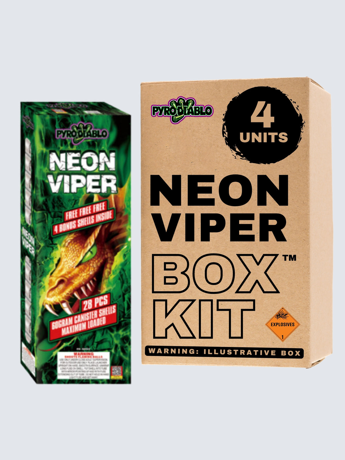 Neon Viper canister shell box kit by Pyro Diablo with 4 units and a fanged snake on neon green packaging.