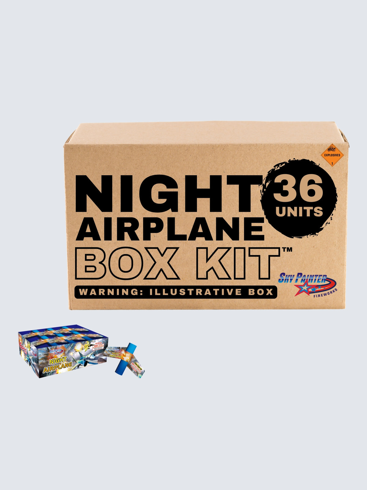 Night Airplane Rapid Wing Aerial novelty fireworks box kit with 36 units and airplane and explosion artwork.