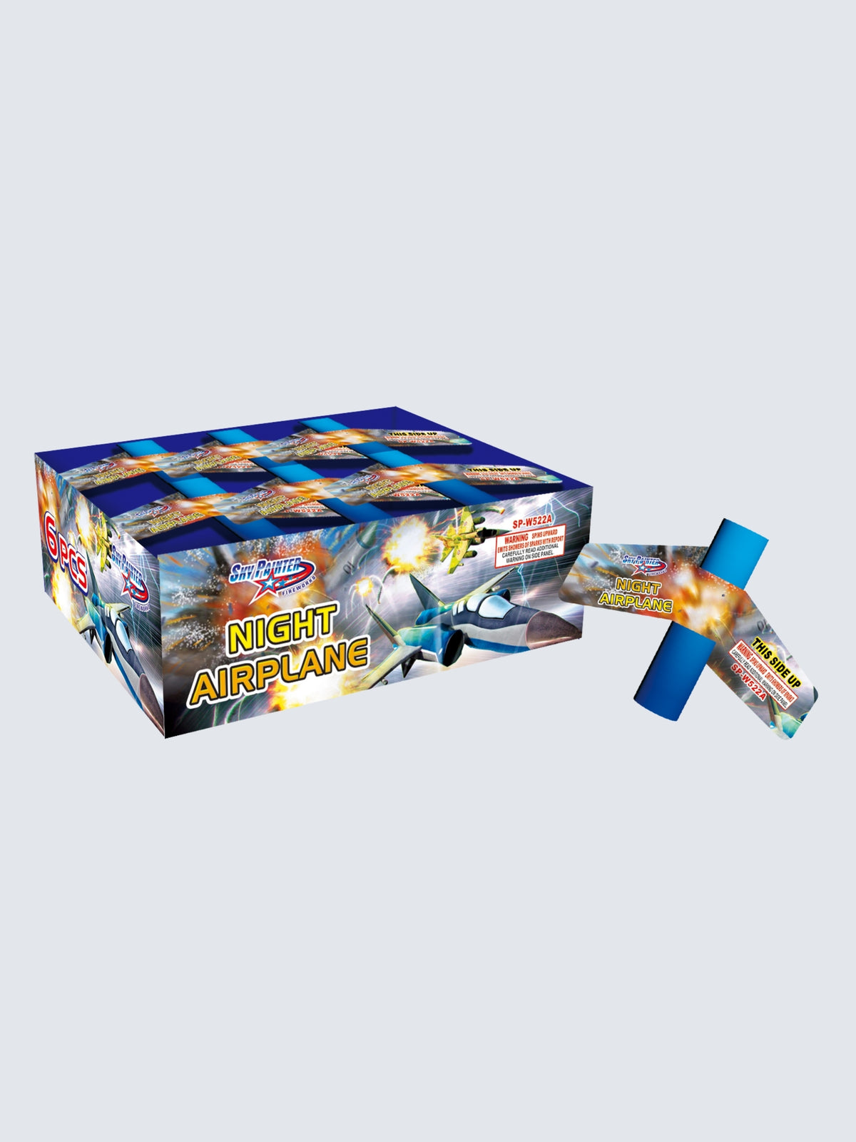 Night Airplane Rapid Wing Aerial novelty firework in packaging featuring airplanes and colorful explosions.