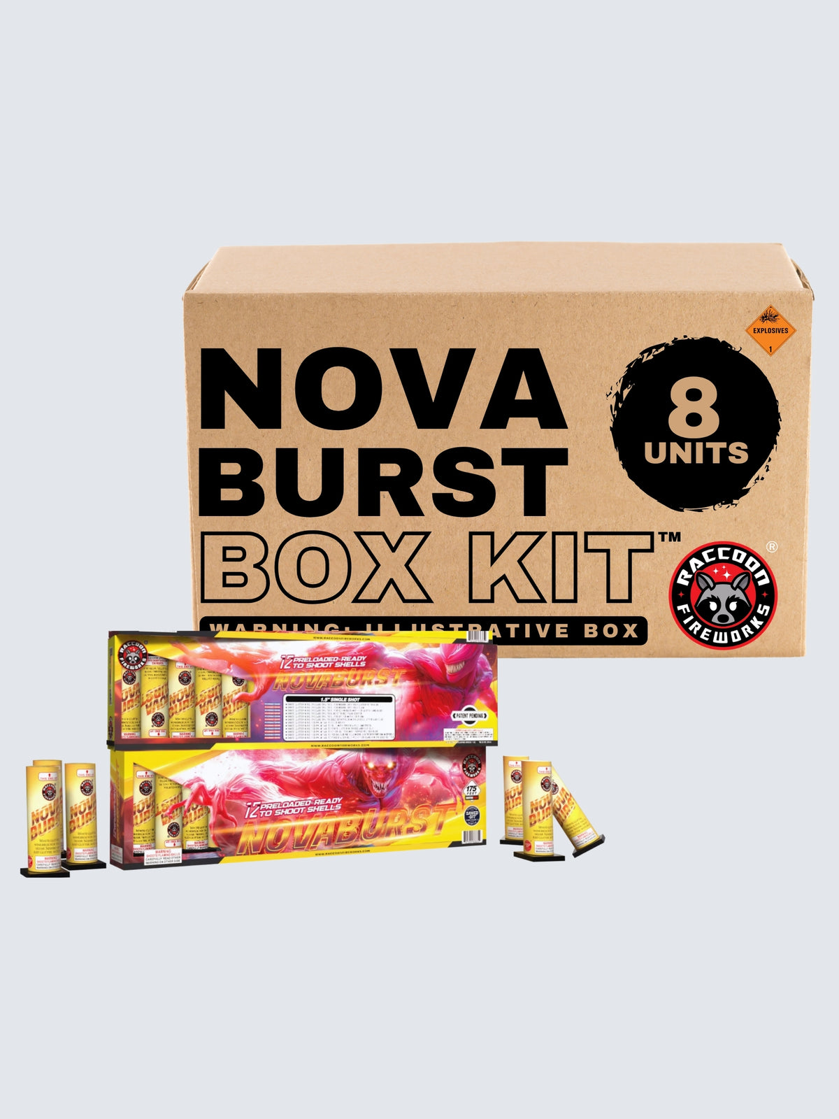 Nova Burst artillery shell fireworks box kit by Raccoon Fireworks includes 8 units with yellow canisters and fiery red monster artwork.