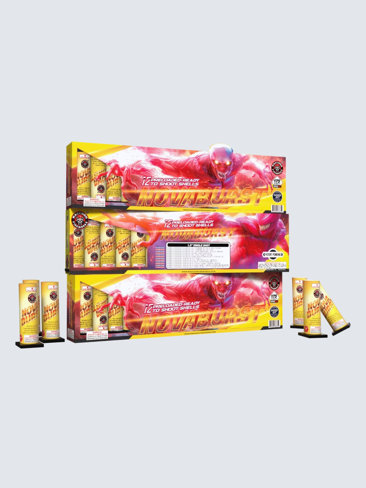 Novaburst 12-shot preloaded artillery shell fireworks by Raccoon Fireworks feature yellow canisters and a fiery red monster design.