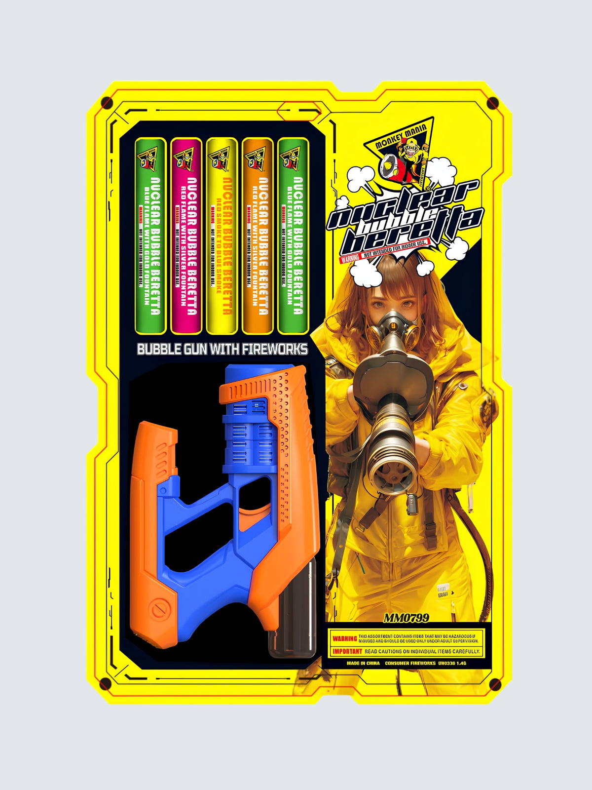 Nuclear Bubble Beretta by Monkey Mania Fireworks features a blue and orange bubble gun, five colorful refills, and yellow tactical artwork.