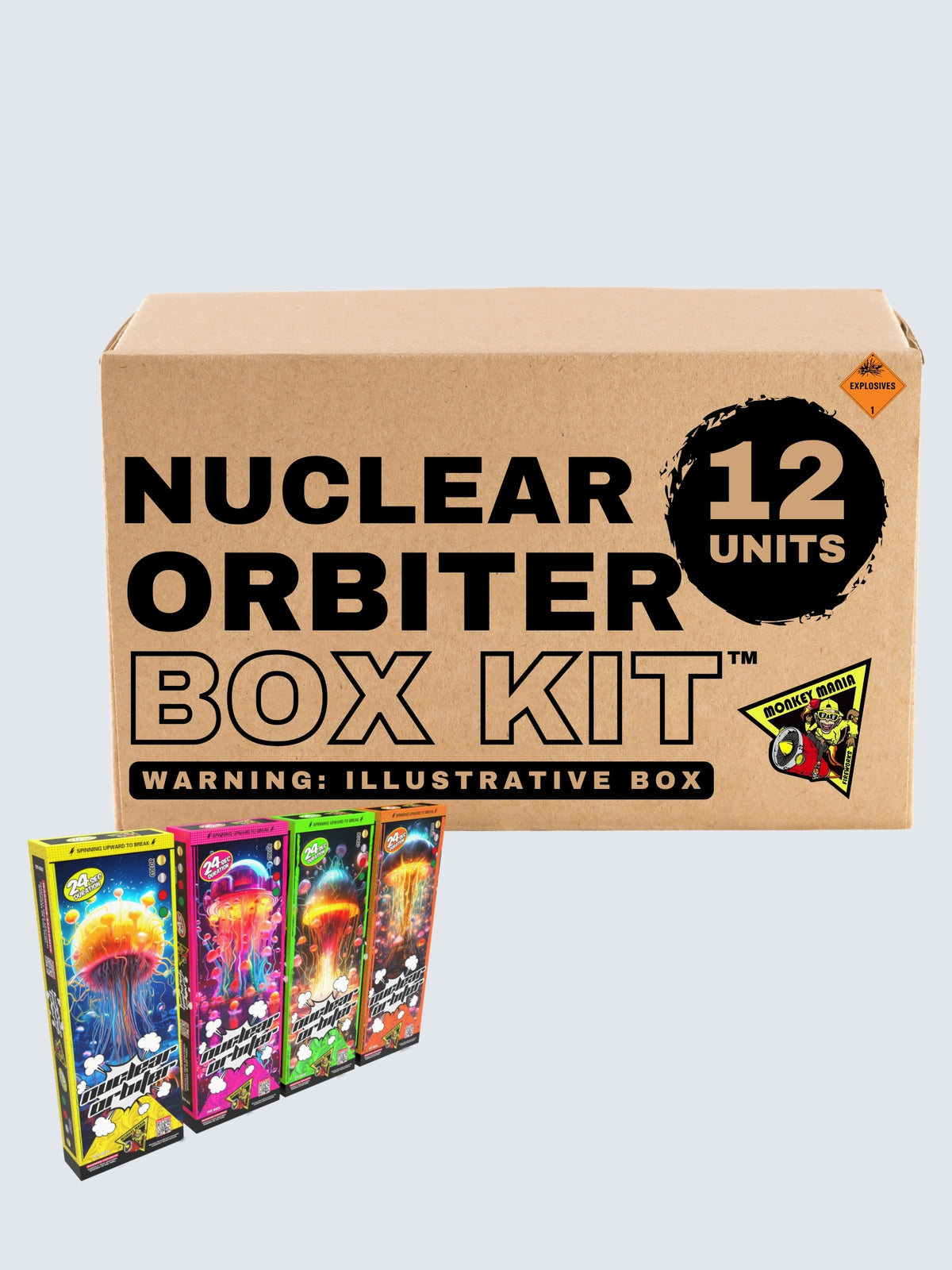 Nuclear Orbiter box kit by Monkey Mania with 12 units in colorful packaging featuring glowing mushroom clouds and lightning.