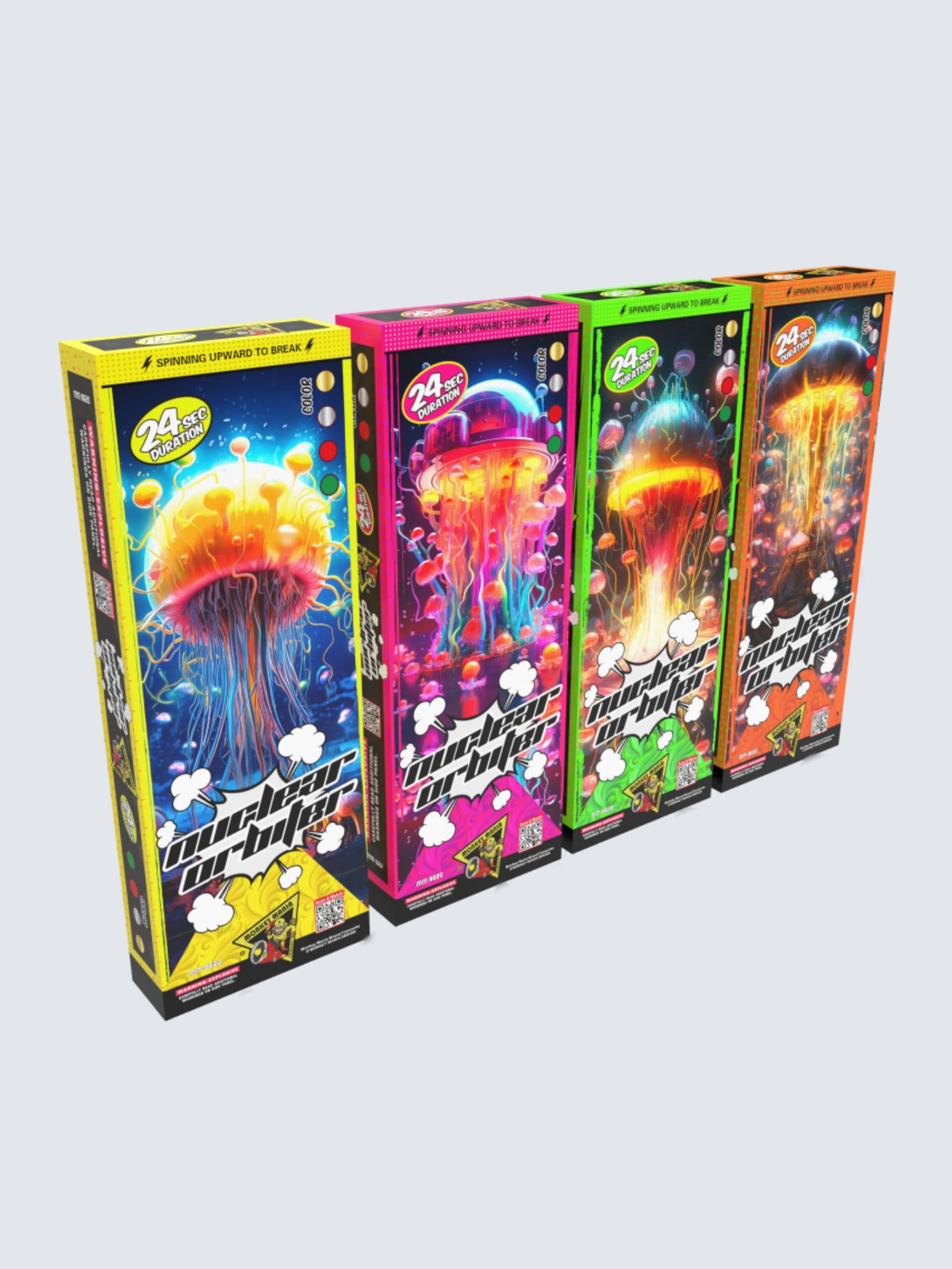 Nuclear Orbiter fireworks by Monkey Mania in yellow, pink, green, and orange packaging with glowing mushroom cloud artwork.