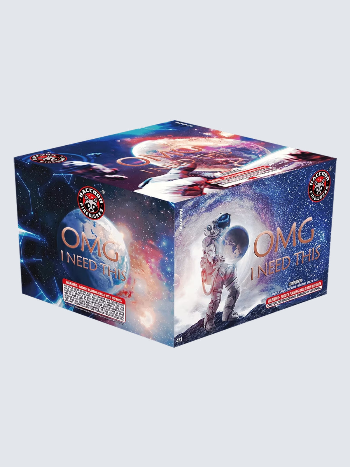 OMG I Need This aerial repeater by Raccoon Fireworks, featuring astronaut artwork with a colorful outer-space galaxy background.