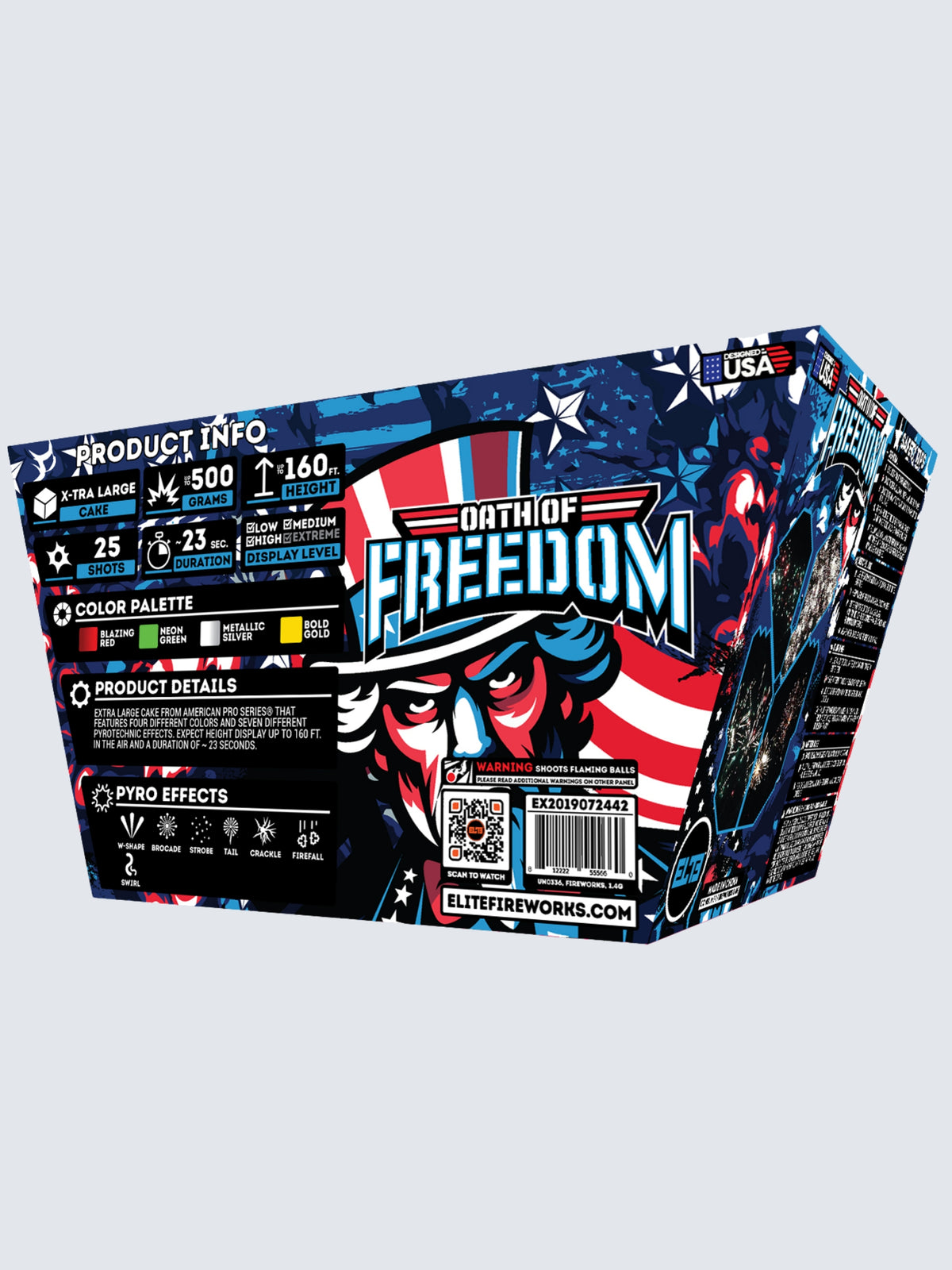 Unit of Oath of Freedom 25 shot large cake firework. Package shows patriotic colors.