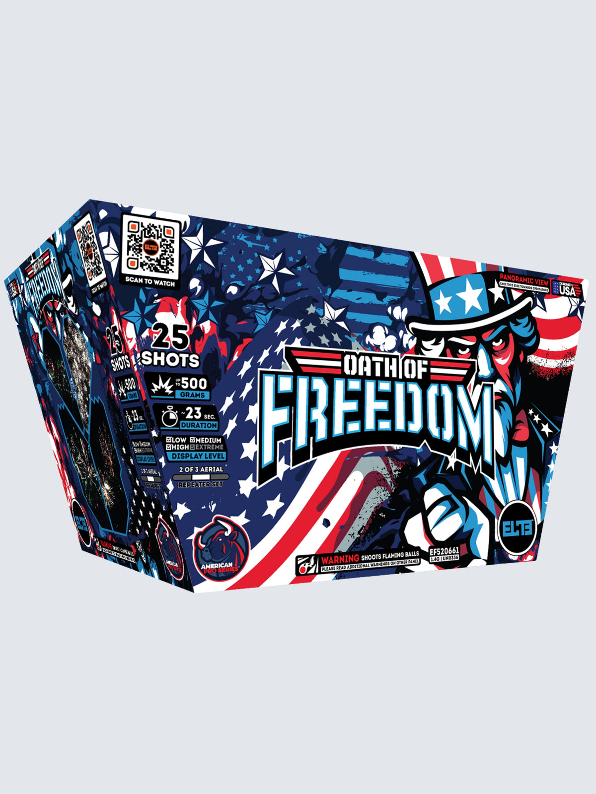 Unit of Oath of Freedom 25 shot large cake firework. Package shows patriotic colors.