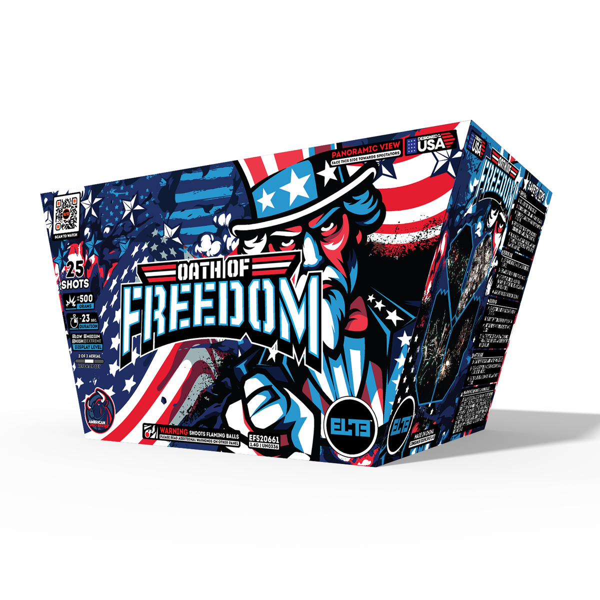 Unit of Oath of Freedom 25 shot large cake firework. Package shows patriotic colors.