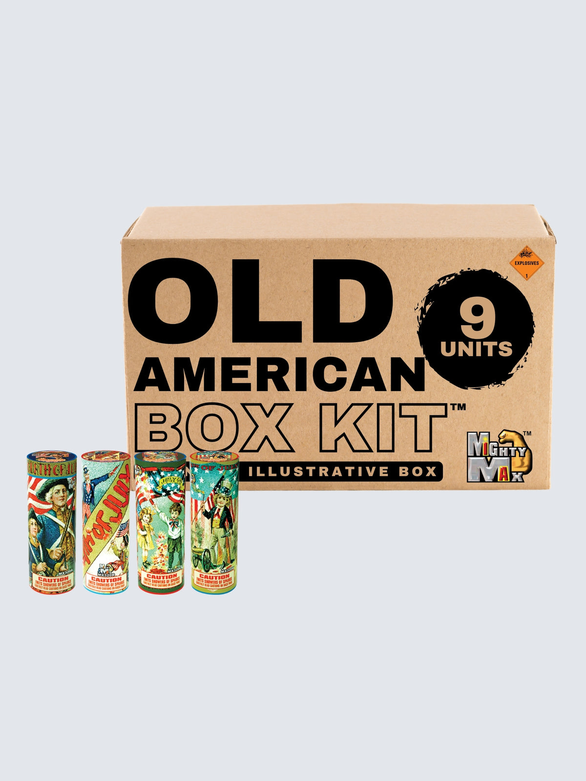 Old American fountain box kit by Mighty Max Fireworks with 9 units featuring vintage patriotic artwork and American flags.