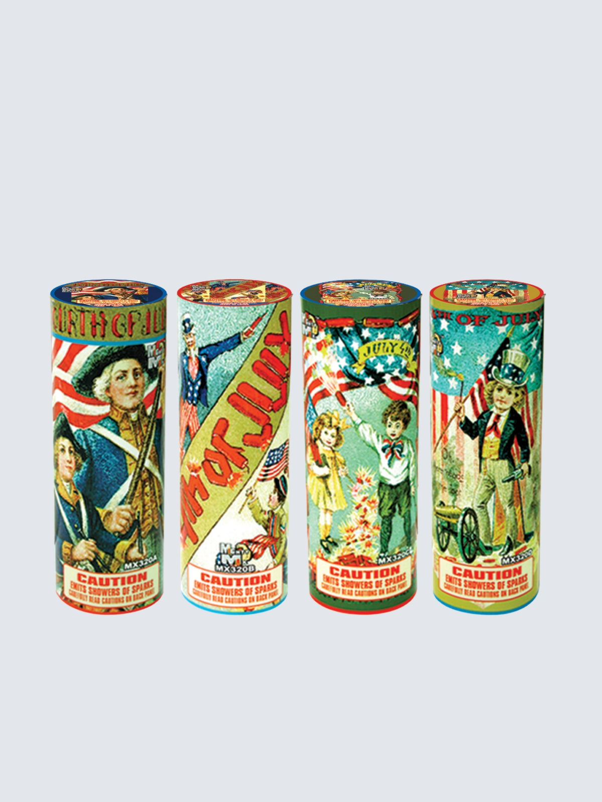 Fourth of July fountain fireworks in four cylindrical packages with vintage patriotic artwork and American flags.