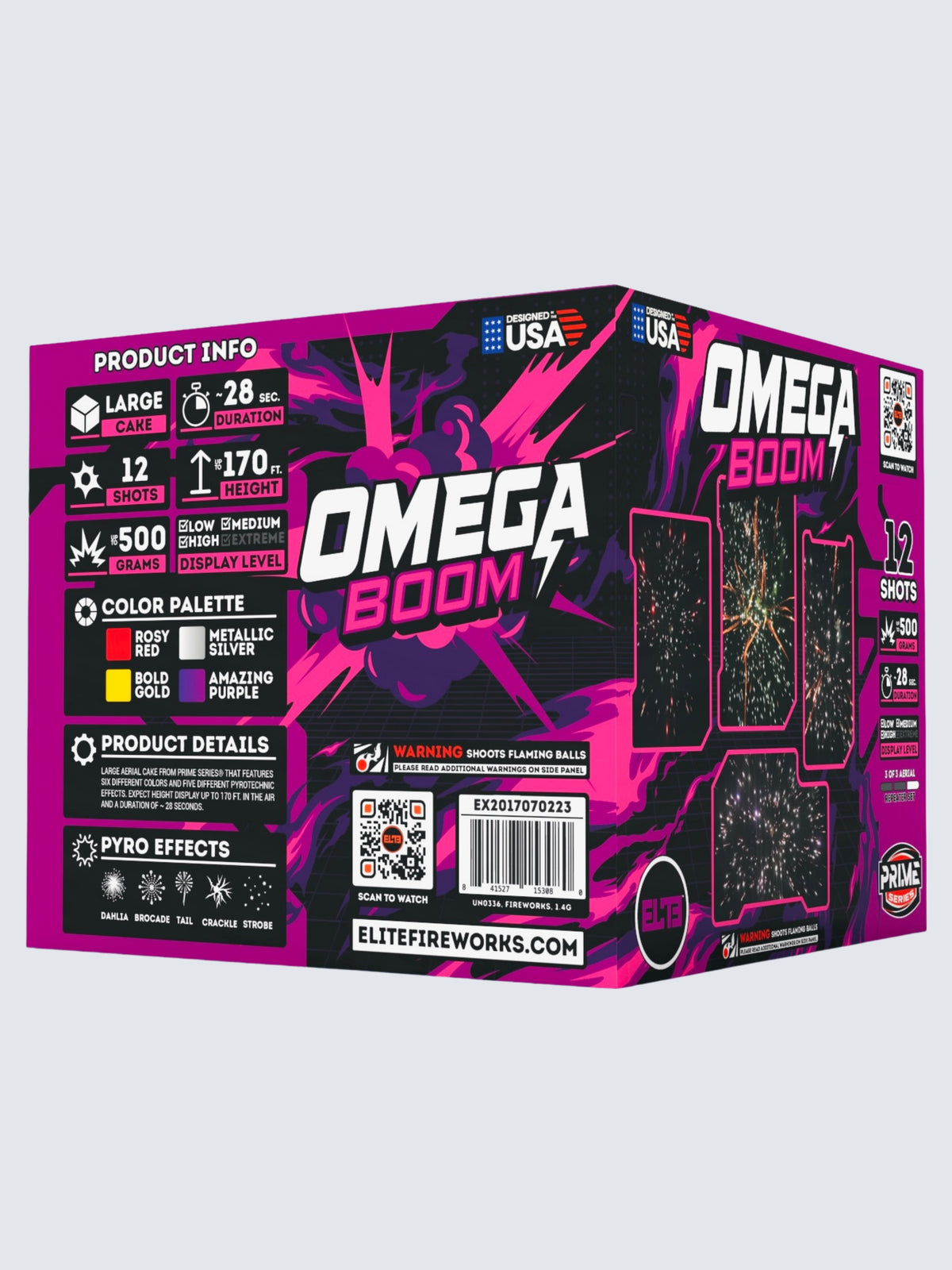 Unit of Omega Boom large cake fireworks. Includes 12 shots, packaging shows purple patterns.