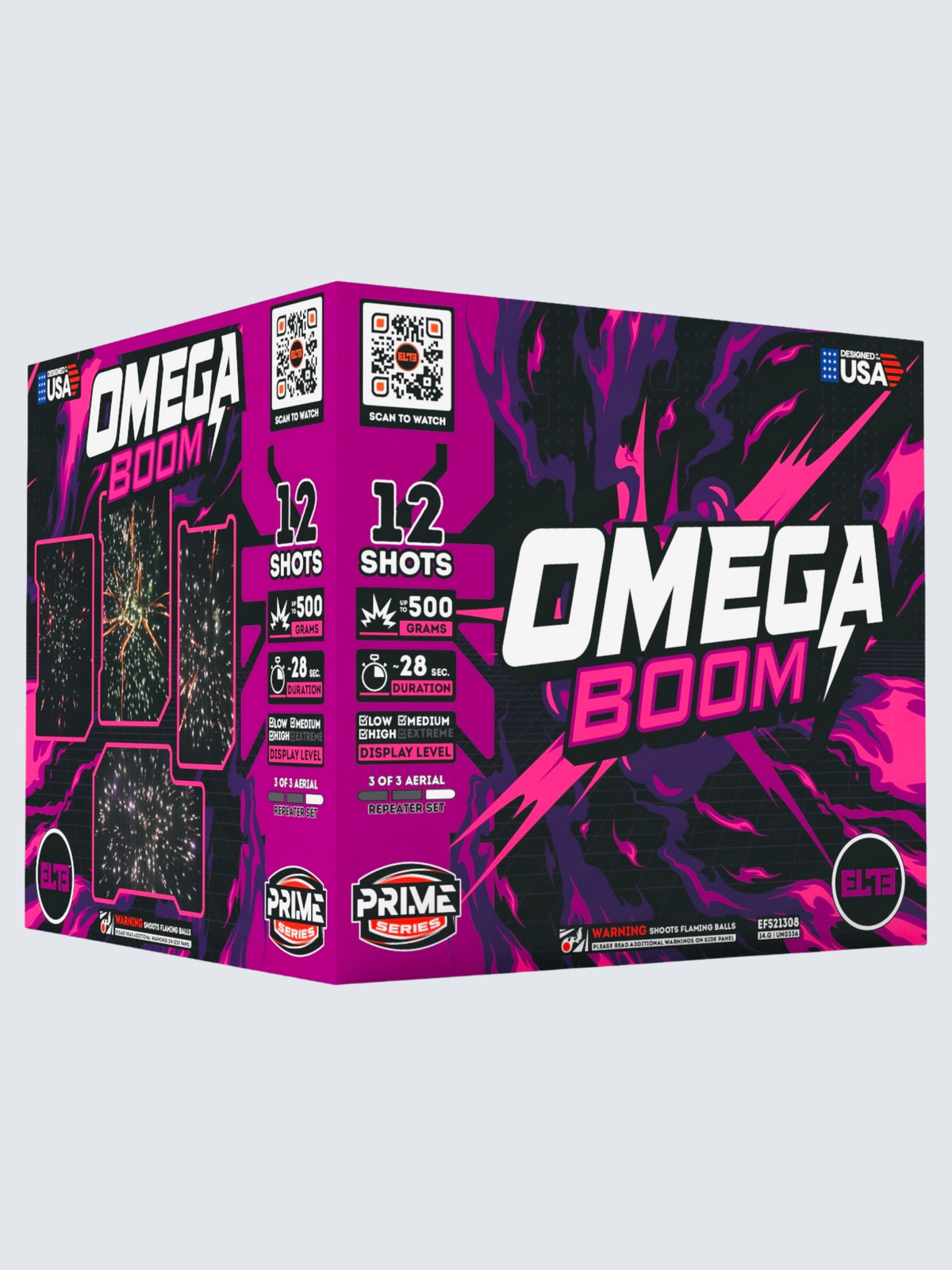 Unit of Omega Boom large cake fireworks. Includes 12 shots, packaging shows purple patterns.