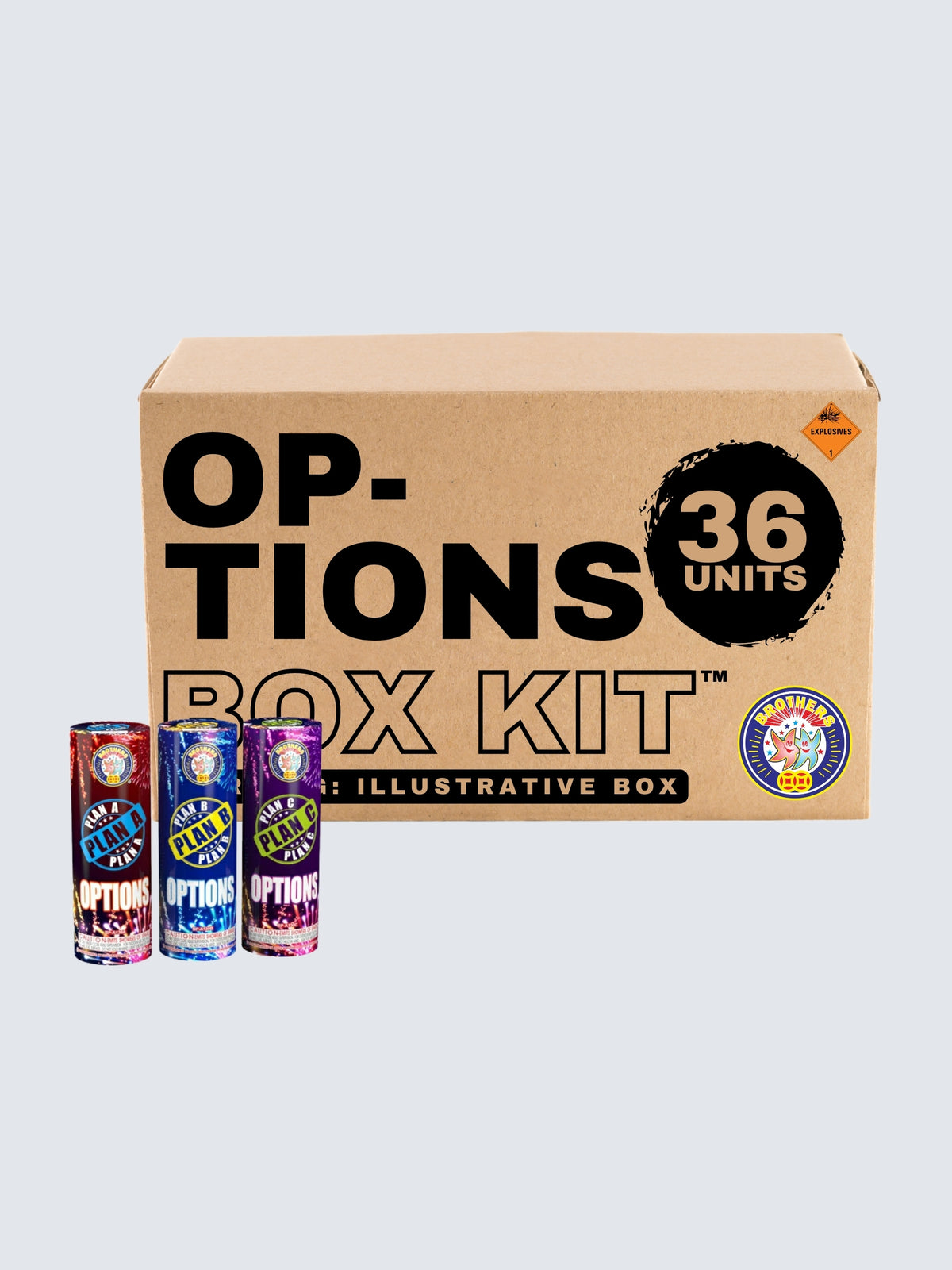 Options shower fountain box kit by Brothers Fireworks with 36 units in red, blue, and purple firework-patterned packaging.