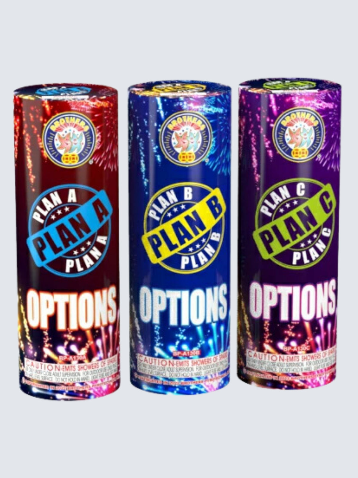 Options shower fountain by Brothers Fireworks with red, blue, and purple packaging featuring firework-style patterns.
