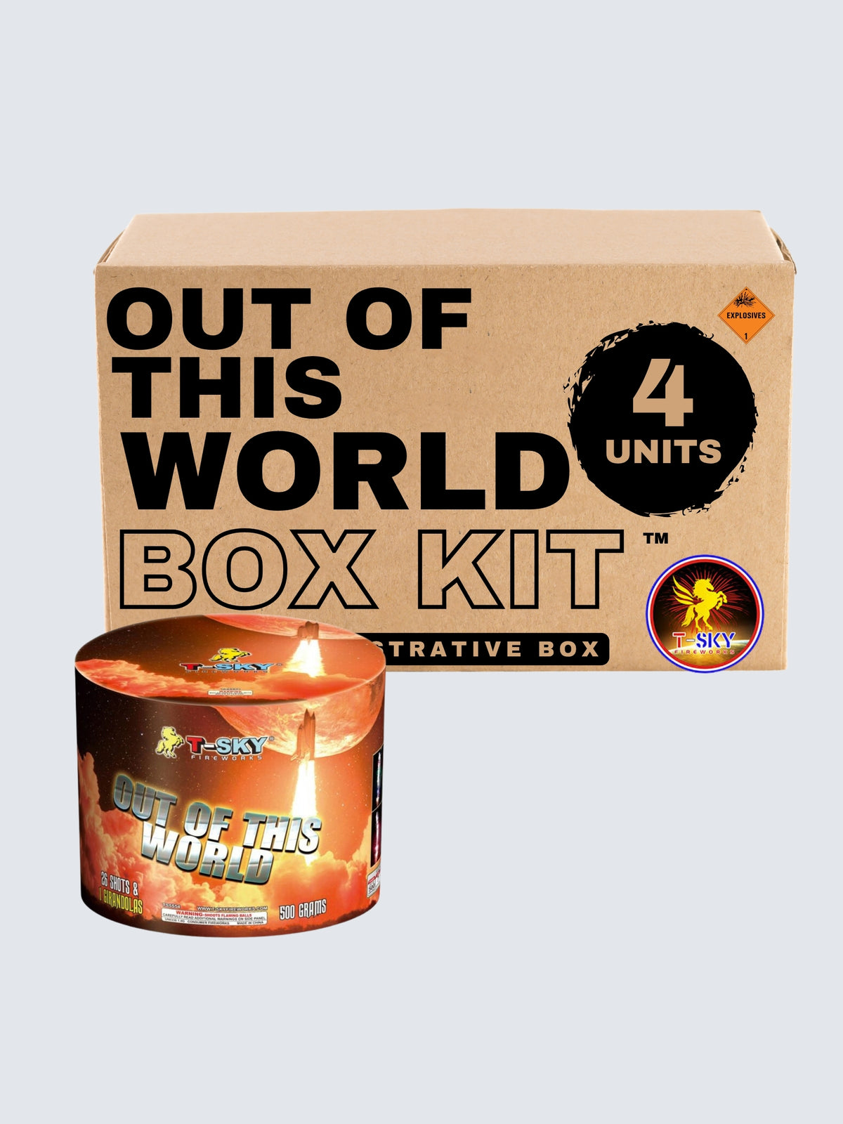 Out of This World 26-shot 500-gram aerial repeater box kit by T-Sky Fireworks, featuring rocket artwork and 4 units.