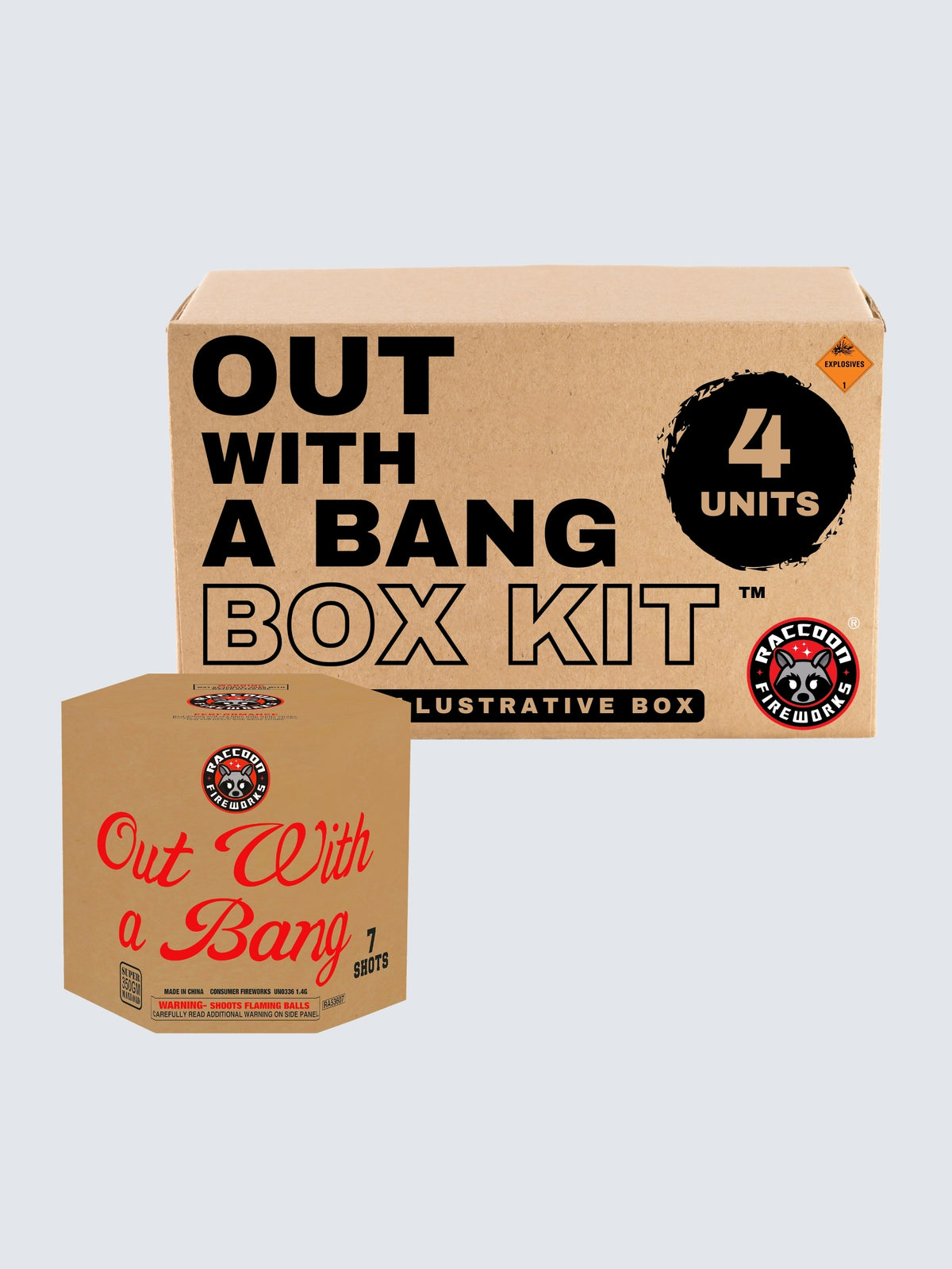 Out With a Bang 7-shot aerial repeater box kit by Raccoon Fireworks with 4 units and brown packaging with red script.