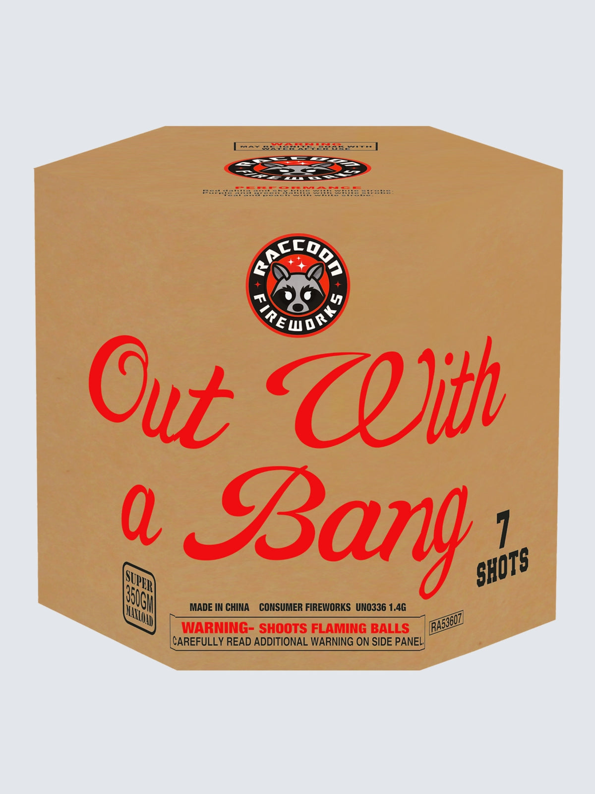 Out With a Bang 7-shot aerial repeater by Raccoon Fireworks in a brown hexagonal box with red script lettering.
