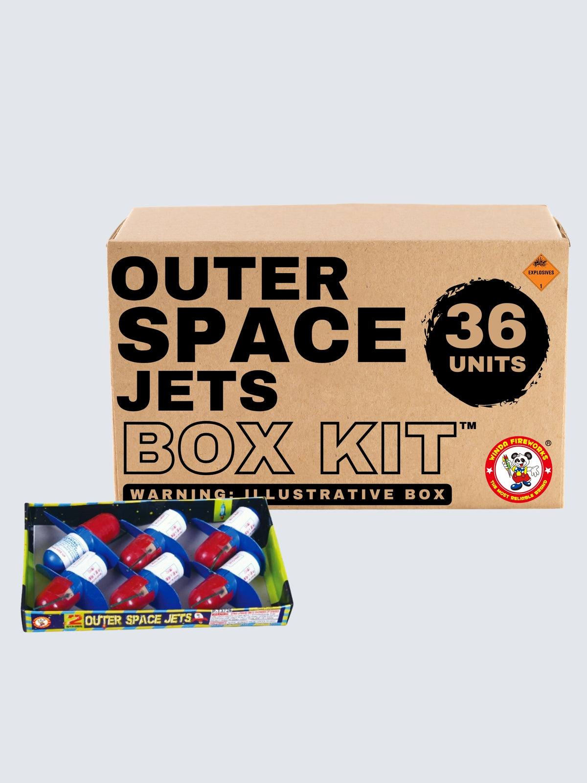 Outer Space Jets flying novelty box kit by Winda Fireworks with 36 units and red, white, and blue winged fireworks.