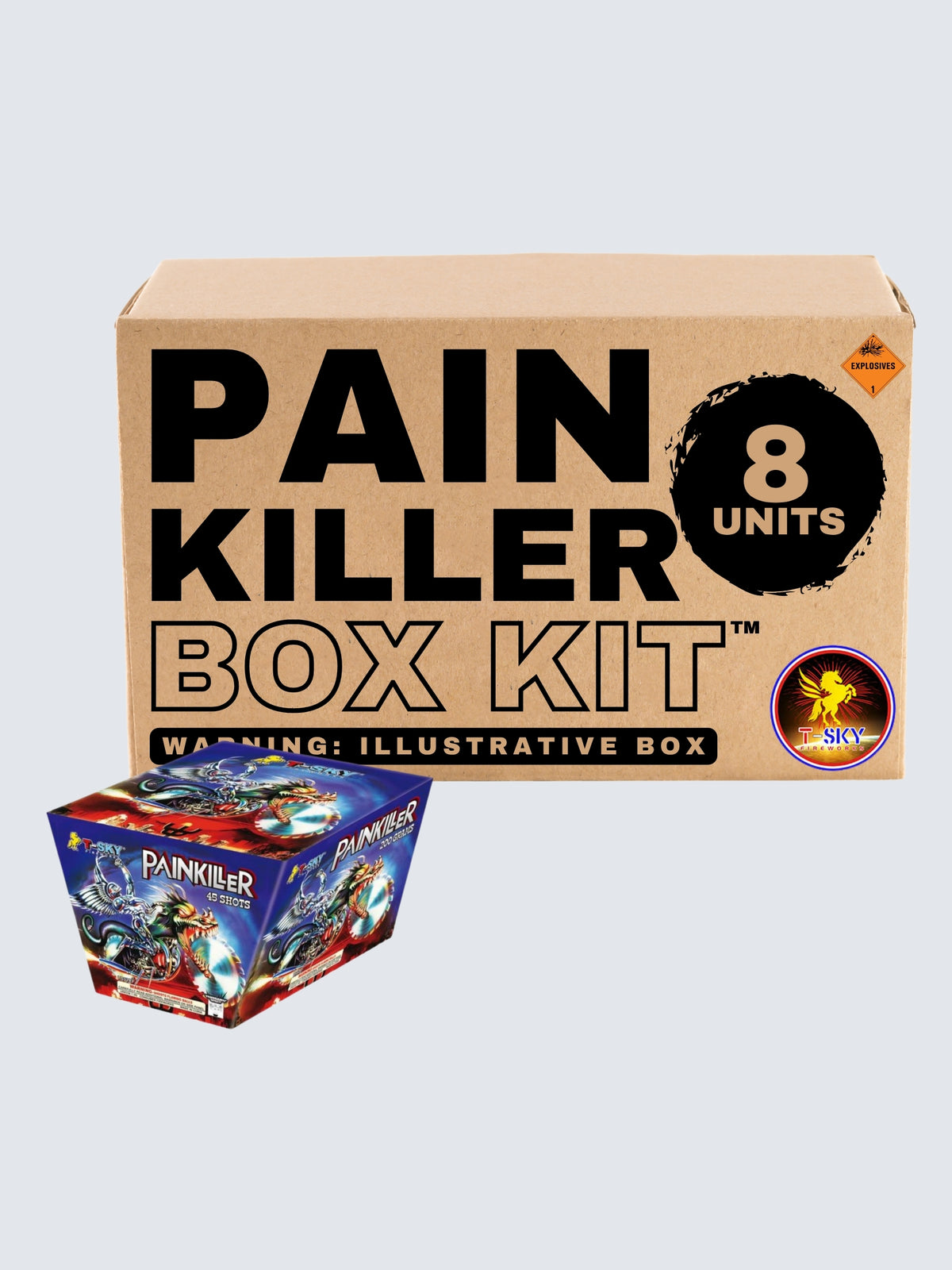Painkiller 45-shot aerial repeater box kit by T-Sky Fireworks, featuring 8 units with fierce dragon and armored warrior artwork.