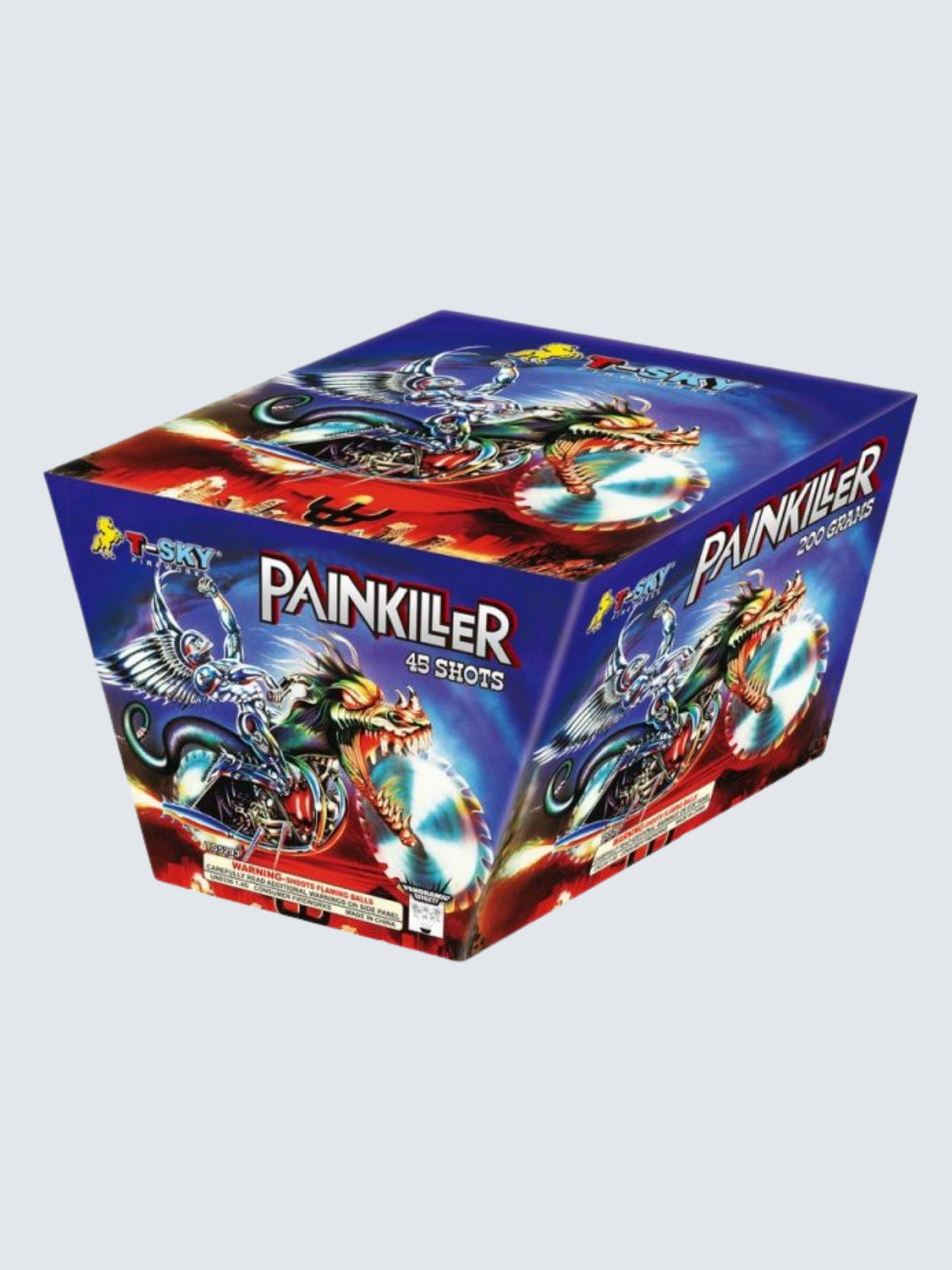 Painkiller 45-shot aerial repeater fireworks by T-Sky Fireworks, featuring a fierce dragon and armored warrior artwork.