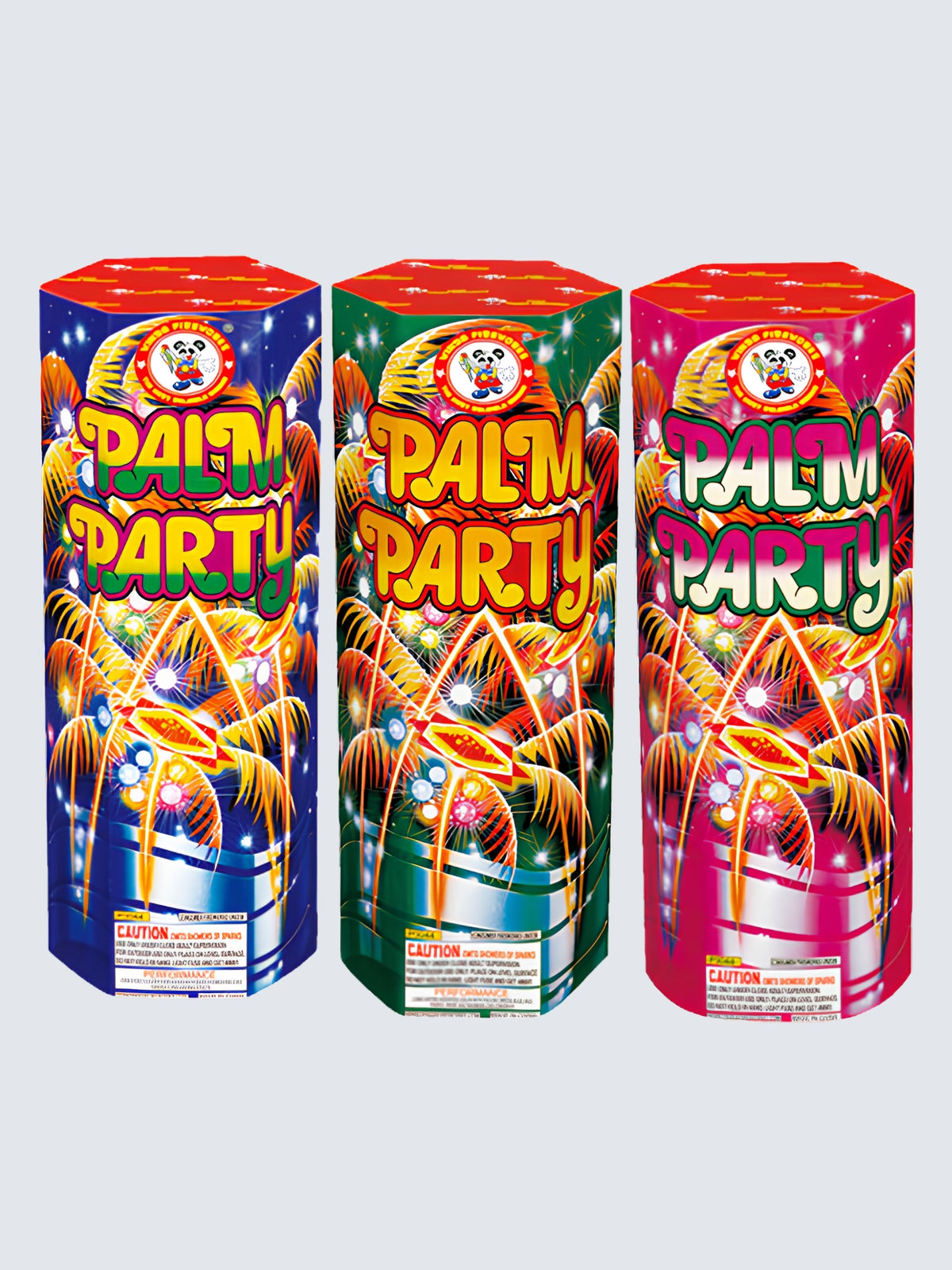 Palm Party fountain fireworks by Winda Fireworks featuring three colorful tropical designs in blue, green, and pink with palm trees and fireworks.