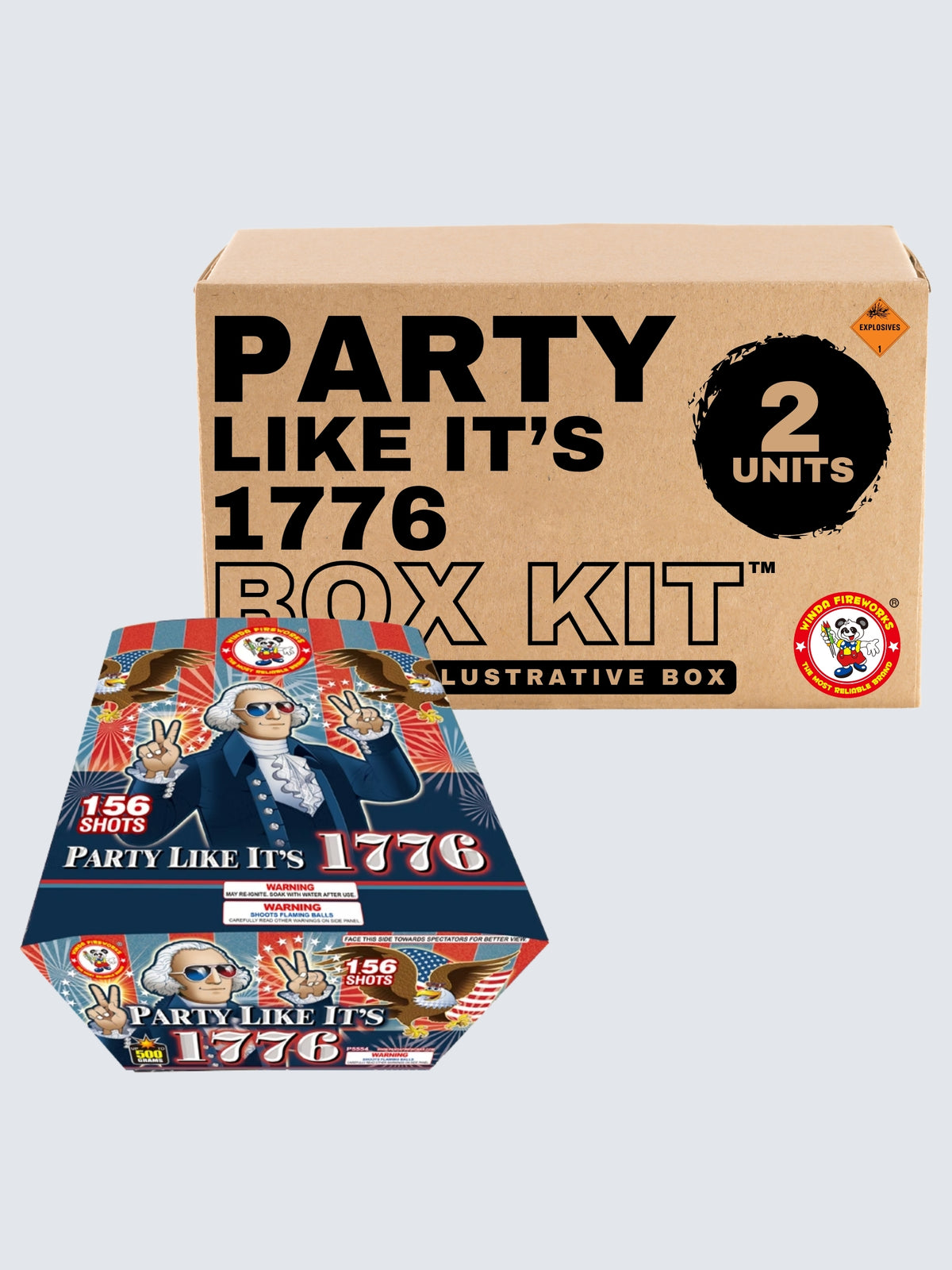 Party Like It’s 1776 156-shot aerial repeater box kit by Winda Fireworks, featuring 2 units with patriotic artwork.