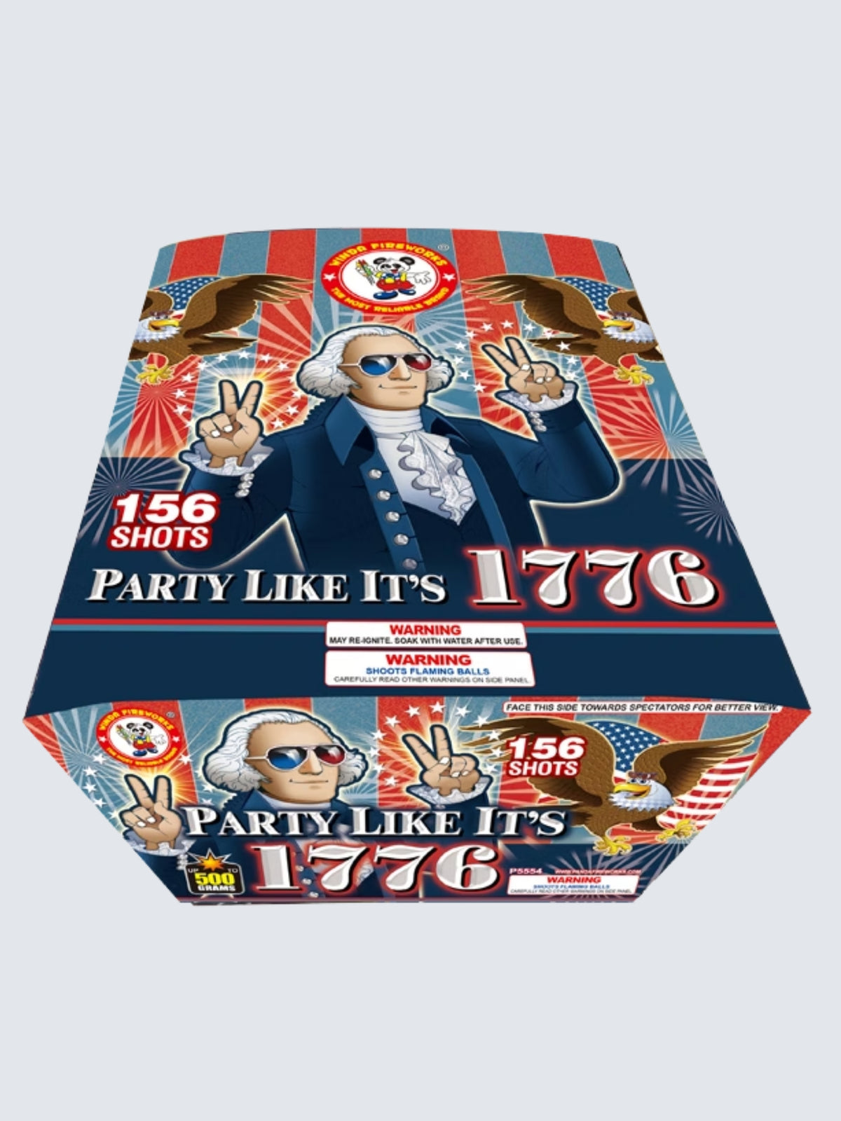 Party Like It’s 1776 156-shot 500 gram aerial repeater featuring George Washington, bald eagles, and patriotic artwork.