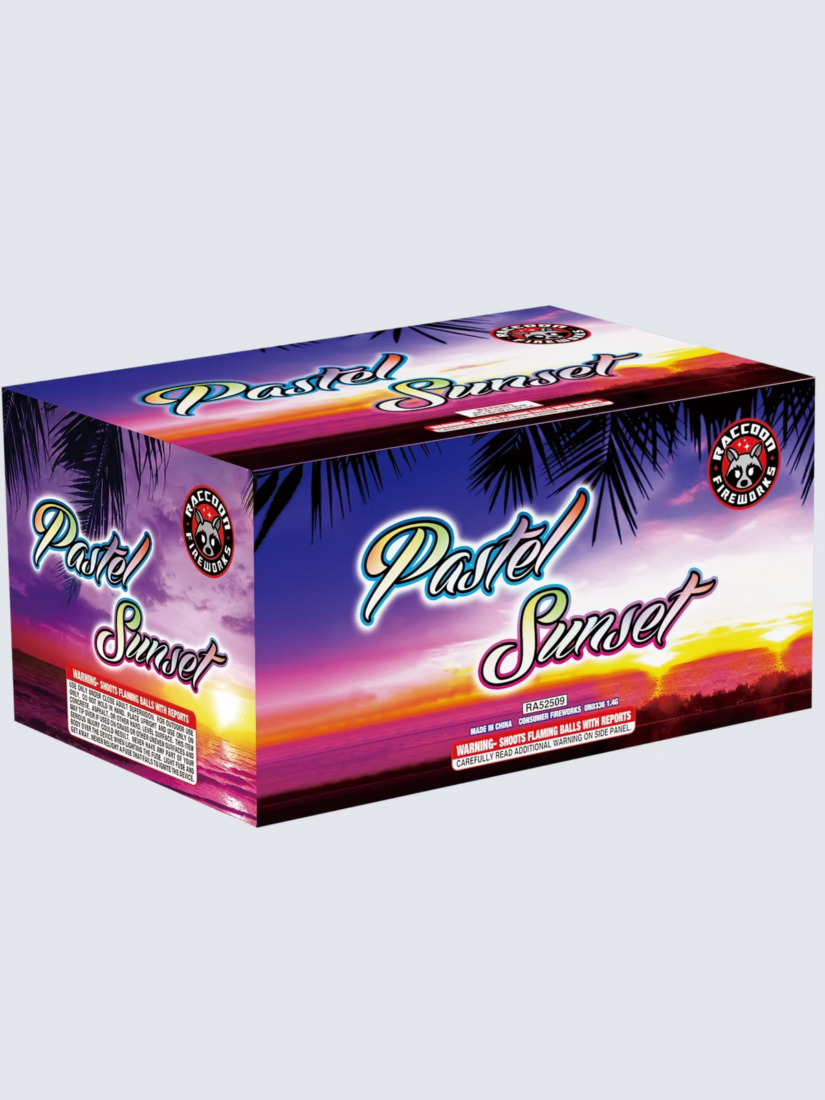 Pastel Sunset aerial repeater firework featuring vibrant tropical sunset and palm tree packaging by Raccoon Fireworks.