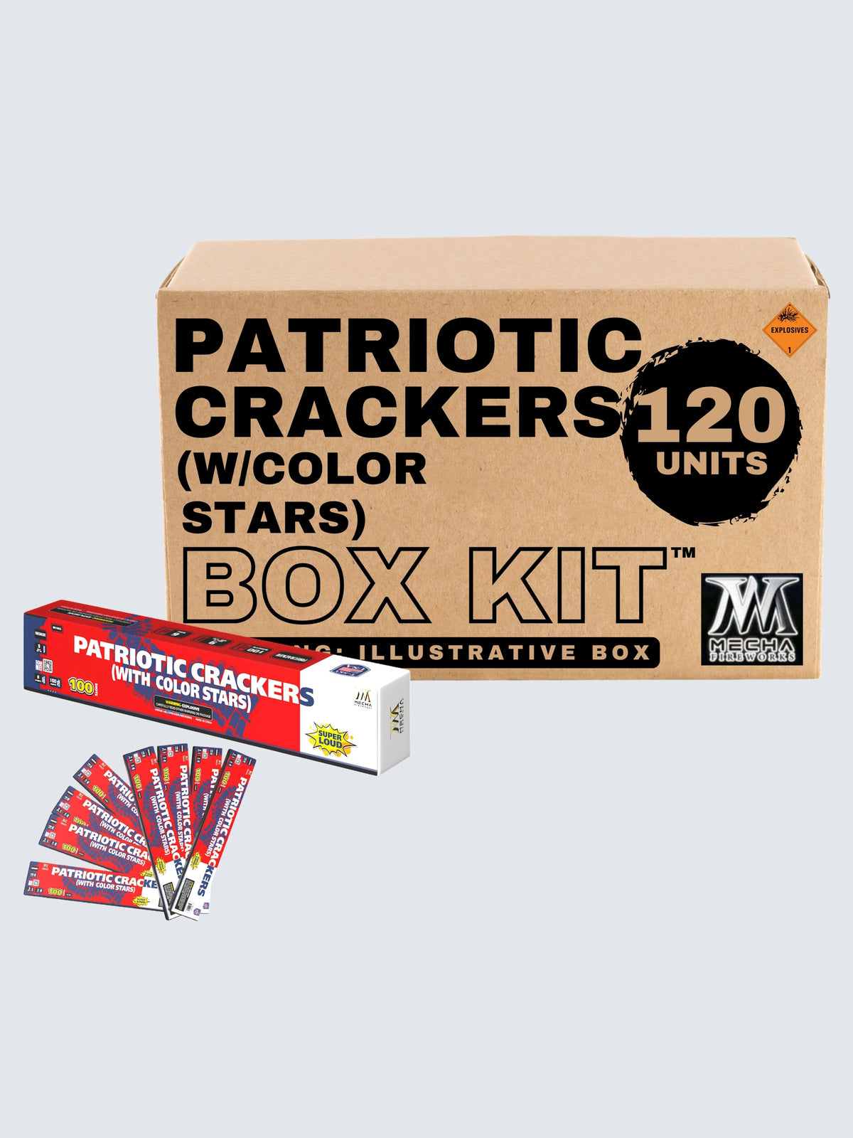 Patriotic Crackers with Color Stars 120-unit box kit by Mega Fireworks, featuring 100-shot red, white, and blue packs.
