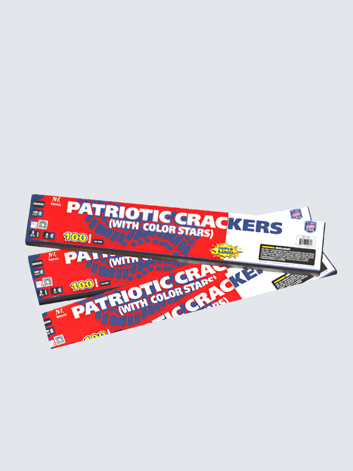 Patriotic Crackers with Color Stars 100-shot firecracker packs by Mega Fireworks in red, white, and blue packaging.