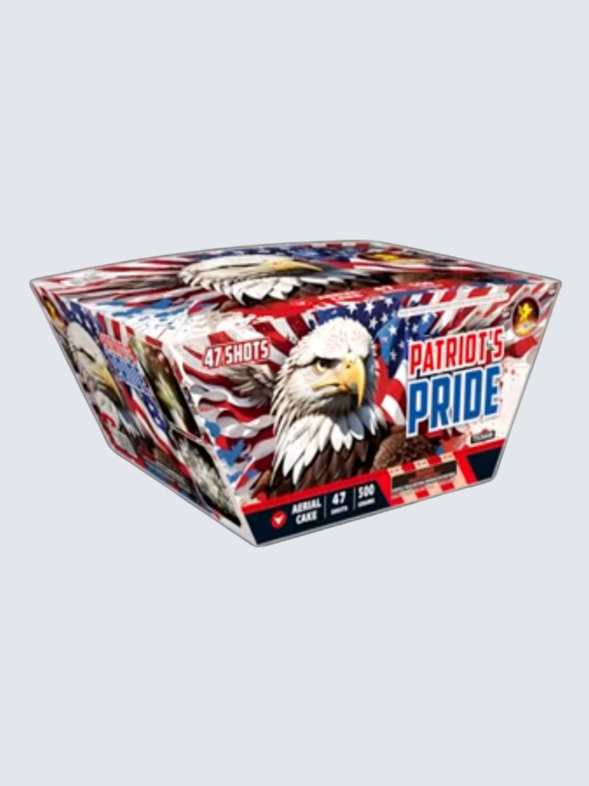 Patriot's Pride 47-shot 500-gram aerial repeater firework featuring a bald eagle and patriotic red, white, and blue American flag artwork.